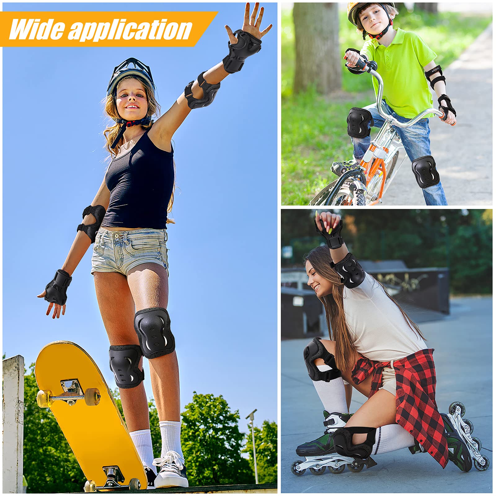 Protezioni Skateboard Adulto Adolescente, Set di 2 Ginocchiere, 2 Gomitiere e 2 Polsiere Protettive per con Cinghia Regolabile, per Pattini, Sci, Monopattini, Ciclismo, Roller