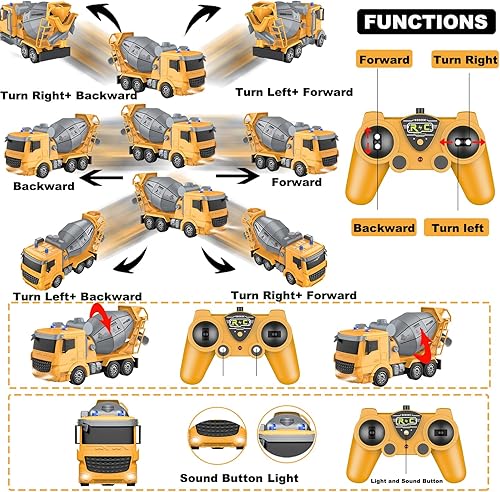Miniatura 4 de Camión de cemento de construcción a control remoto, juguete de camión de 6 canales con 2 baterías recargables, camión de cemento a escala 124, ideas