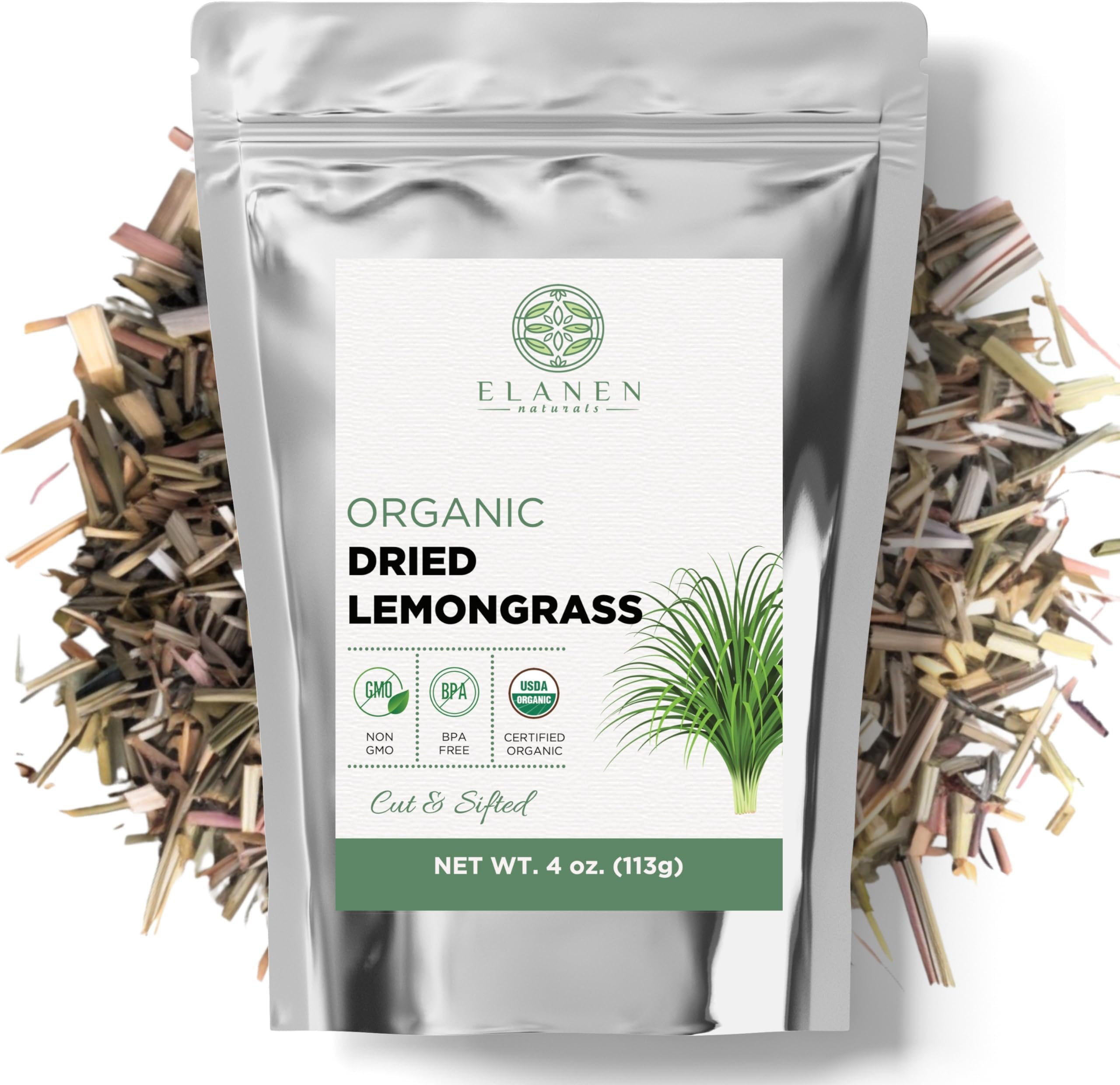Elanen Naturals Organic Dried Lemongrass Tea 4 oz. (113g), USDA Certified Organic Lemon Grass Herb Leaf, Lemin Fever Grass, Te De Limon, Lemingrass Loose Leaves, Dried Lemongrass Bulk, Cut & Sifted