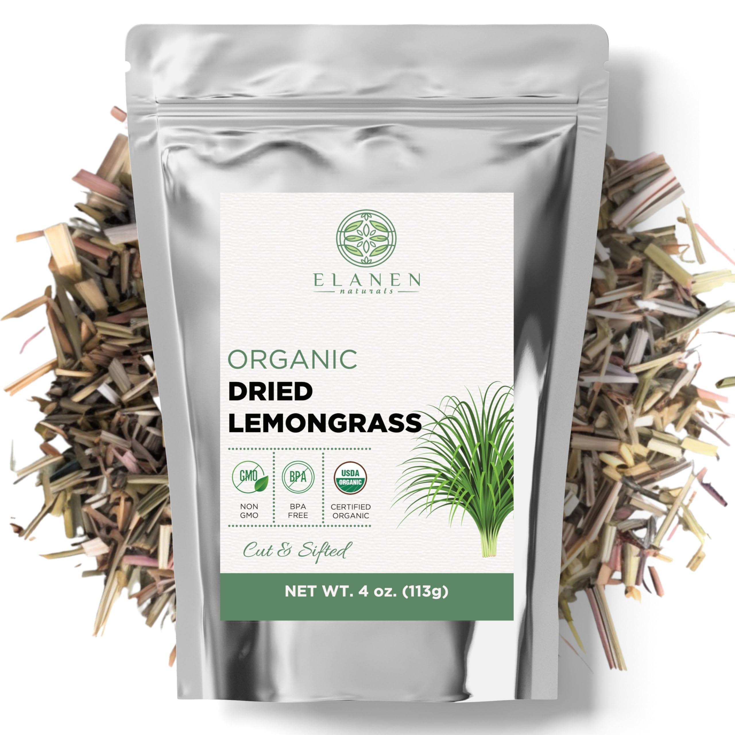 Organic Dried Lemongrass Tea 4 oz. (113g), USDA Certified Organic Lemon Grass Herb Leaf, Lemin Fever Grass, Te De Limon, Lemingrass Loose Leaves, Dried Lemongrass Bulk, Cut & Sifted