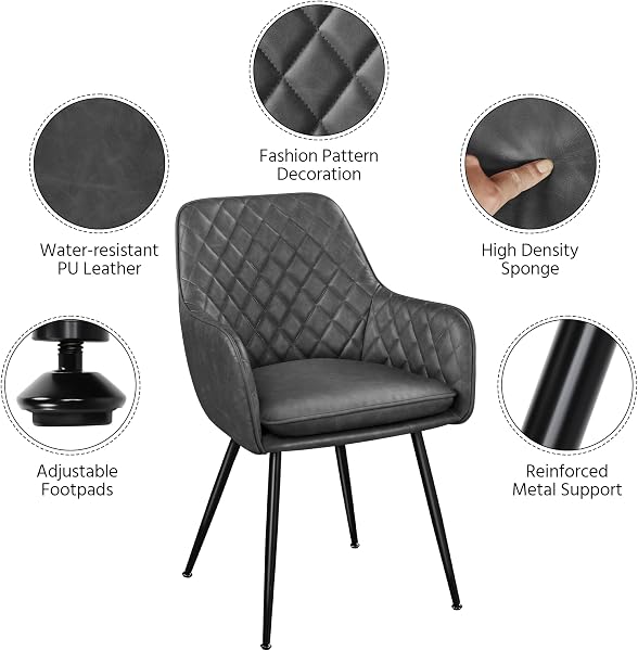 Yaheetech Dining Chairs Set of 2 Kitchen Upholstered Leather Chairs with Metal Legs for Dining Room Living Room Lounge, Dark Gray - 5