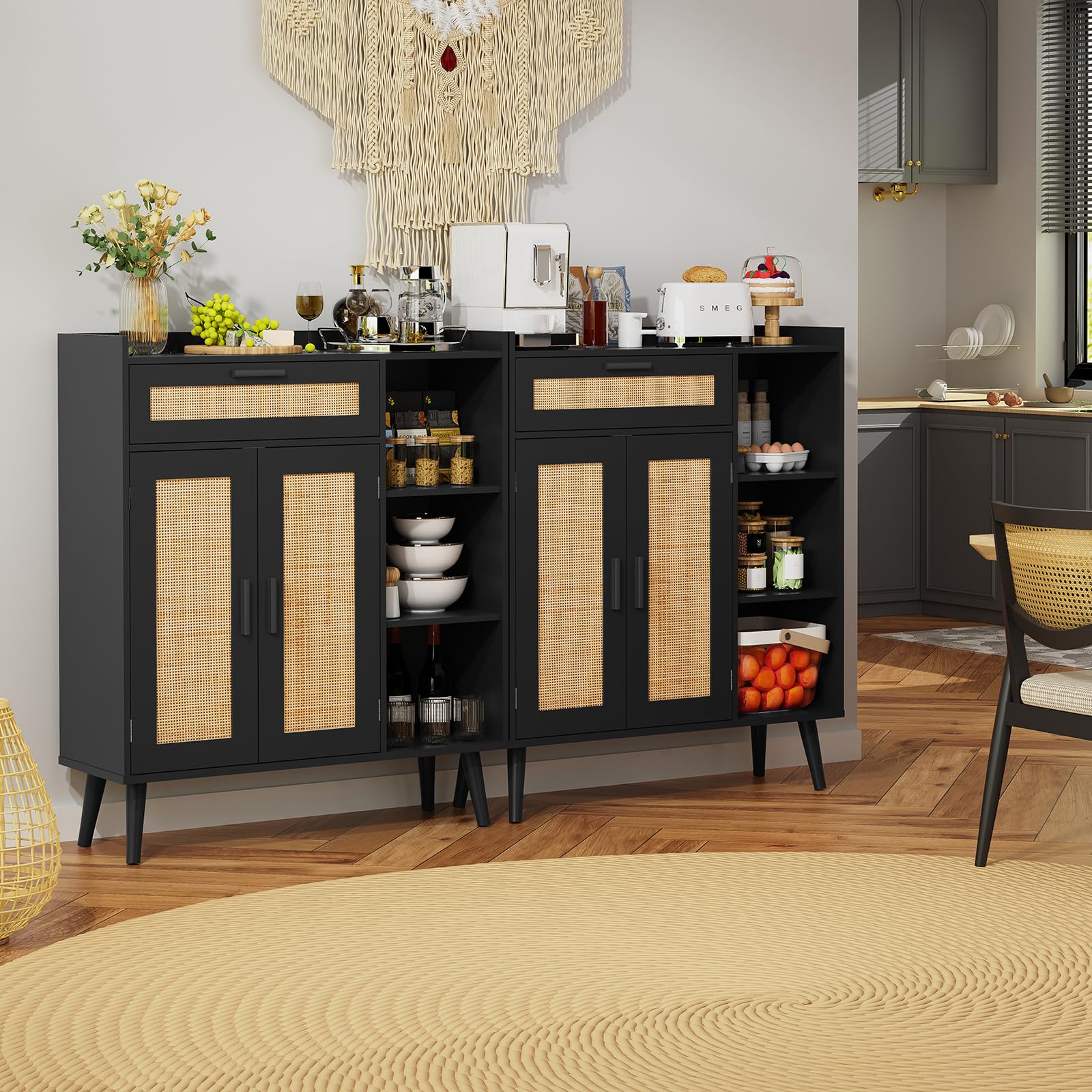 usikey Storage Cabinet with Rattan Doors, Rattan Sideboard Cabinet with 1 Large Drawer, 2 Doors & 3 Shelves, Freestanding Storage Cabinet, Kitchen Cupboard for Living Room,Hallyway, Black & Natural