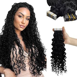 Tape in Hair Extensions Curly, YoungSee 18 Inch Kinky Curly Tape in Extensions #1 Jet Black Tape in Human Hair Extensions for Women 20pcs Kinky-Curly Hair Extensions Tape in 50g