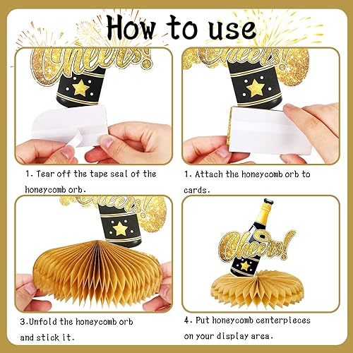 Miniatura 3 de HOWAF 9 piezas de centros de mesa de nido de abeja de feliz año nuevo, decoración de Año Nuevo, centros de mesa de Año Nuevo con purpurina dorada