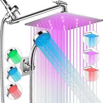 Shower Head with LED, High Pressure 10" Rain Shower Head with 11" Adjustable Extension Arm, LED Shower Head changes color with water temperature Stainless Steel Shower Head with Hose, Chrome
