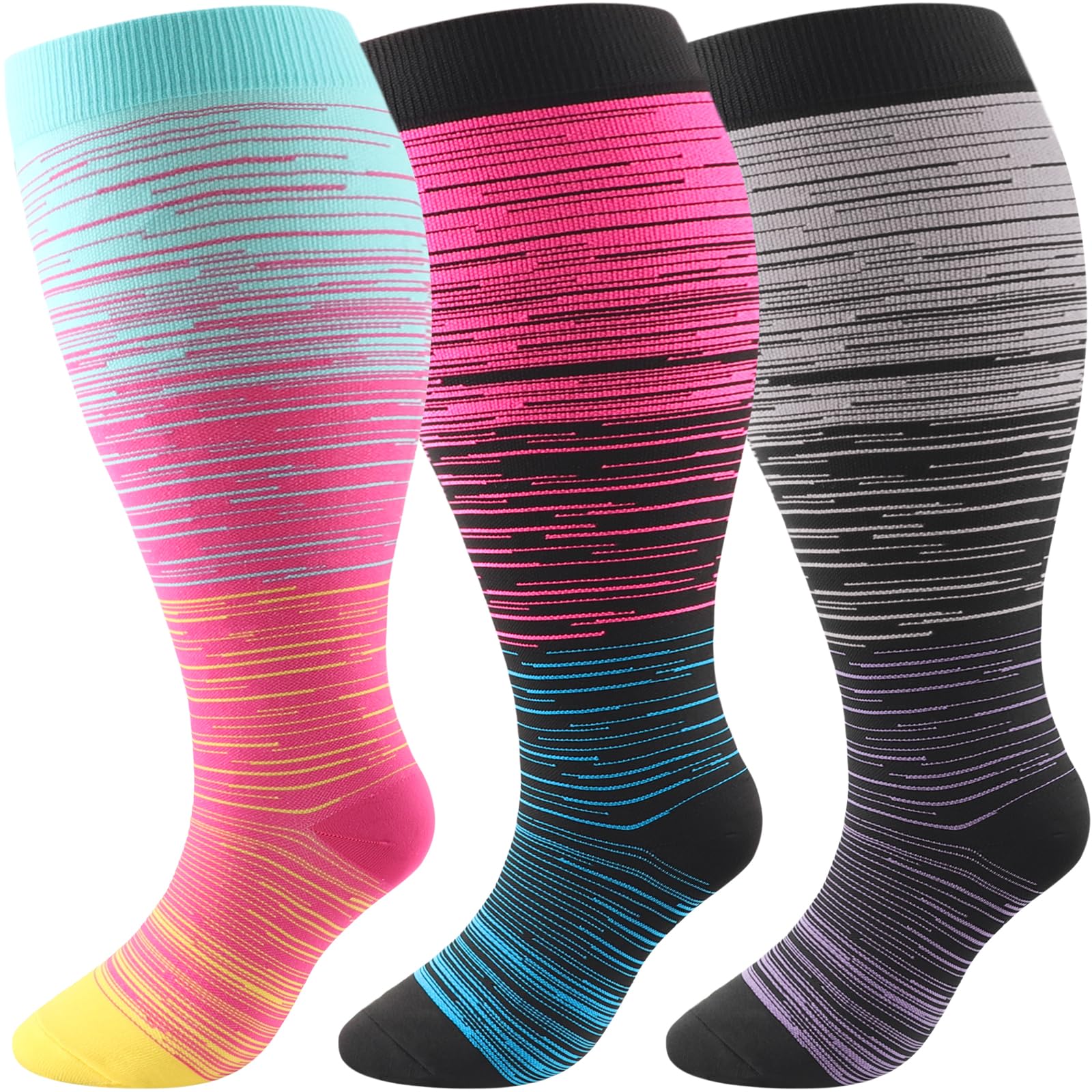 Dreshow Women's 3 Pairs Plus Size 57-07 Plus Size Compression Socks For Men Wide Calf Extra 20-30Mmhg Knee High Socks Support For Circulation