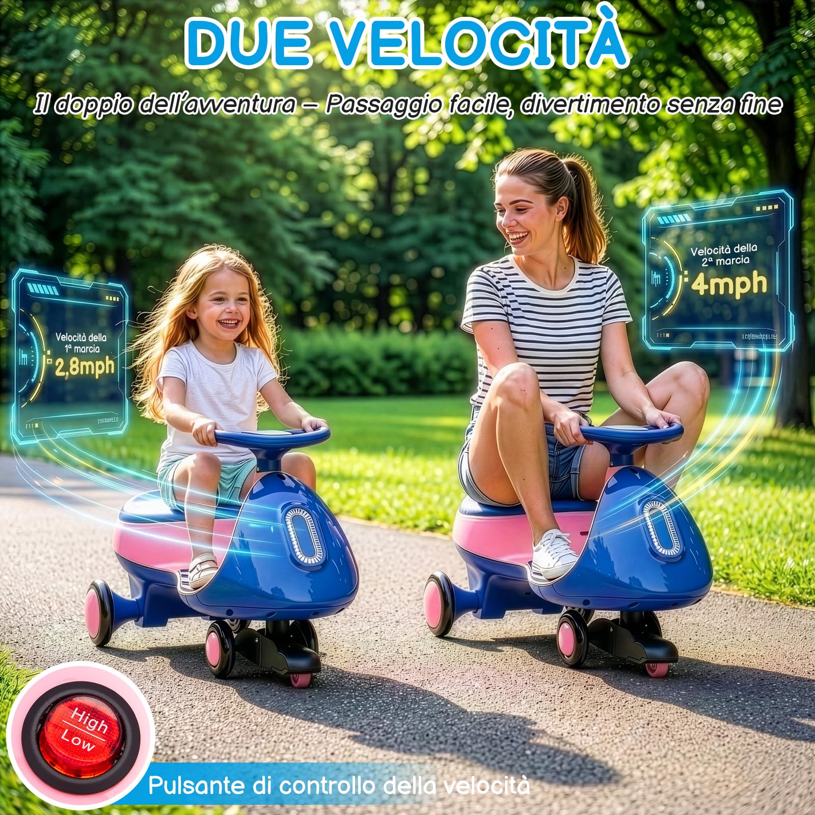 LALAHO Macchina Elettrica Per Bambini 12 V con Pedale, Auto Elettrica con 2 Velocità, Luci LED, Bluetooth, Protezione Antiribaltamento, 3 Anni in su (Blu-rosa)