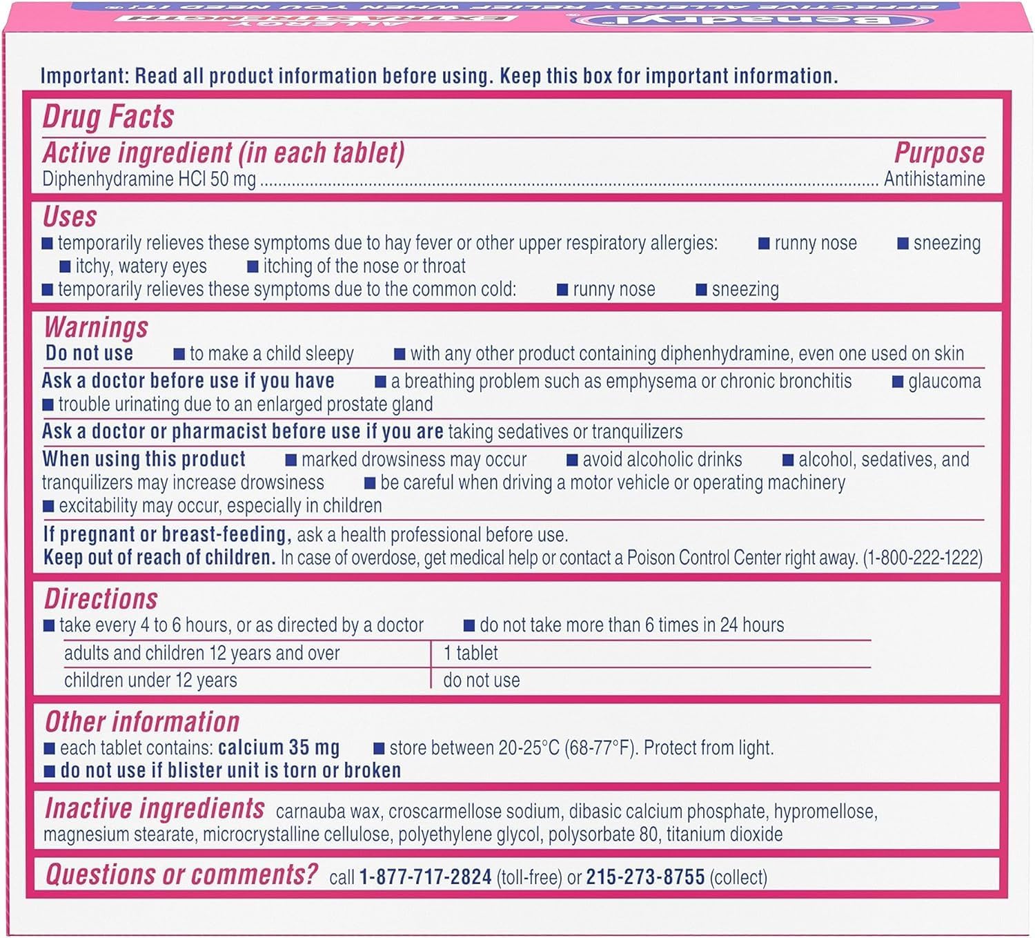 Benadryl Extra Strength Antihistamine Allergy Relief Medicine, 50 mg Diphenhydramine HCl Tablets for Relief of Allergy Symptoms Due to Hay Fever or Other Upper Respiratory Allergies, 24 ct (Pack of 2)