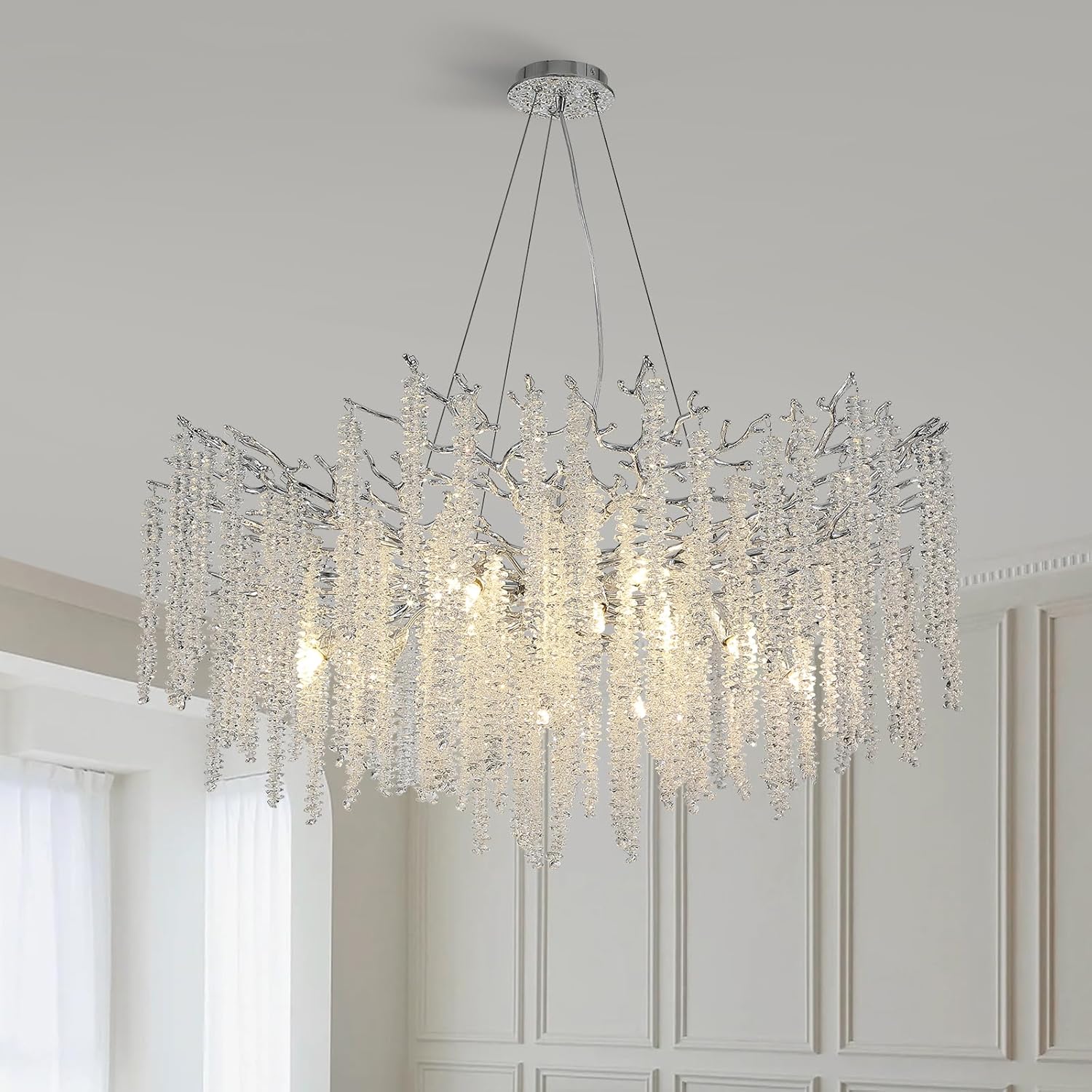 Modern K9 Crystal Chandelier Lighting, Gold Luxury Bamboo Tree Branch Chandelier Pendant, Round Ceiling Light Fixtures for Dining Room,Bedroom,Living Room (Silver-Round 39.4IN)…