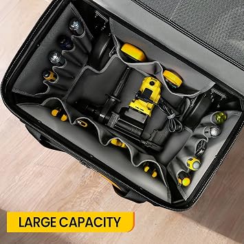Rolling Tool Bag with Wheels, 22 Inch Heavy Duty Tool Trolley, Telescopic Handle, Wide Mouth Storage Organizer for Construction, Electrician, Mechanic