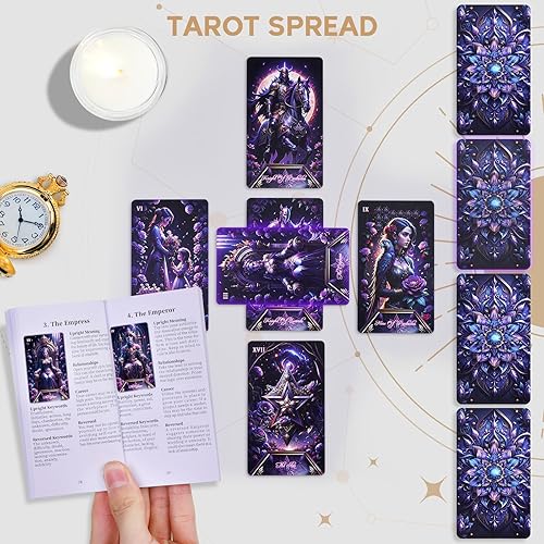 Miniatura 7 de Baraja de cartas de tarot para principiantes con libro guía, bonita y única de 400 GSM gruesa rosa morada (original) cartas de tarot oráculo con