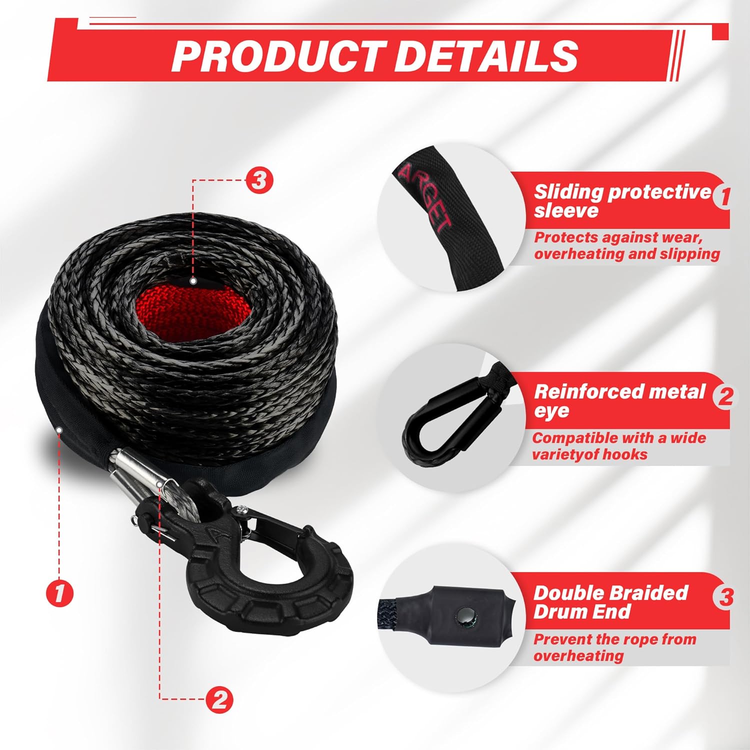 TYT Synthetic Winch Rope Kit - 3/8" x 92' with 27000 lbs Strength, Protective Sleeve, Heavy Duty Hook and Safety Pull Strap for Off-Road 4x4 Vehicles (Black)