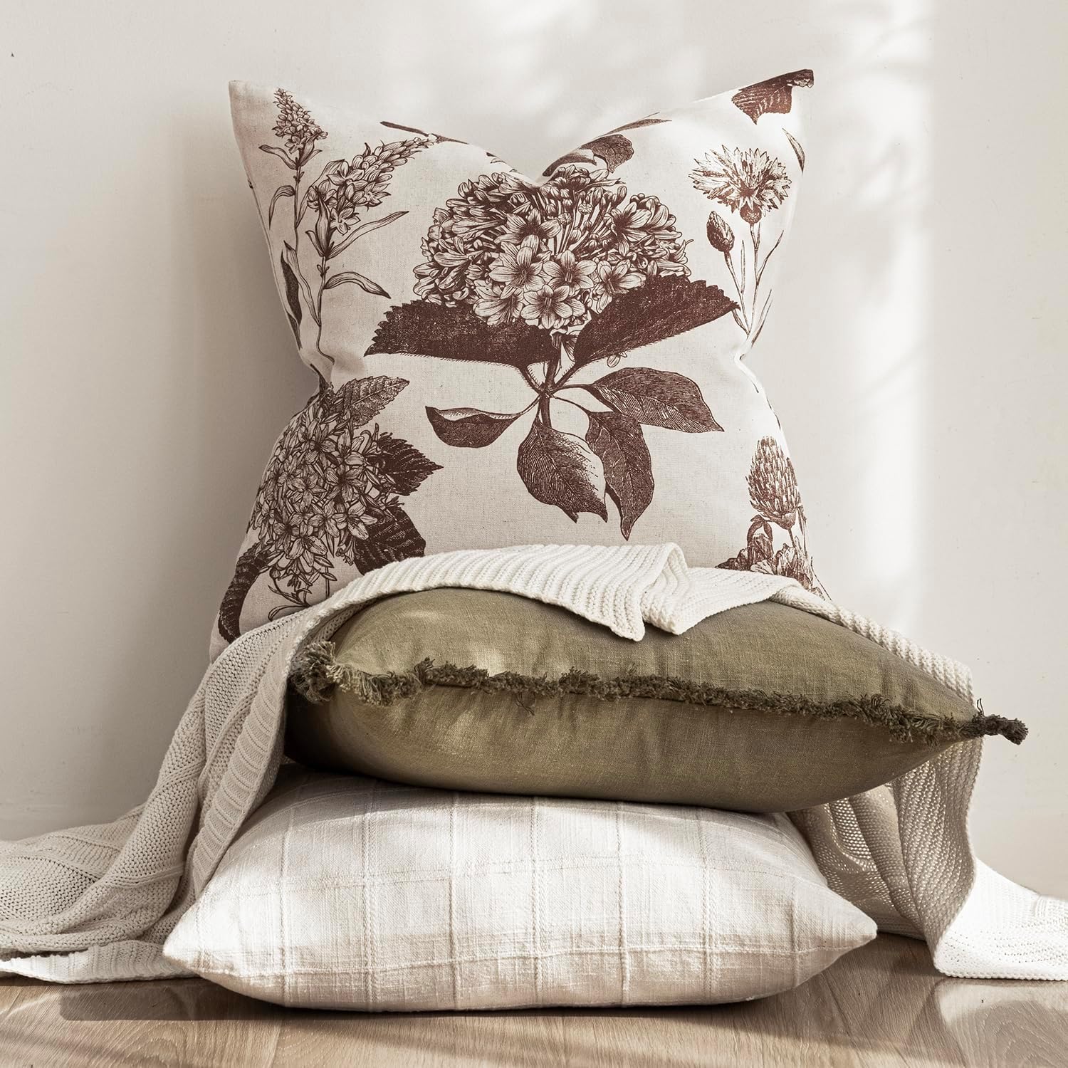 Foindtower Set of 2 Linen Floral Throw Pillow Covers Vintage Accent Print Decorative Cushion Covers Farmhouse Boho Home Decor for Sofa Chair Couch Bedroom Living Room,22×22 Inch,Dark Brown thumbnail