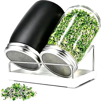 Premium Sprouting Jar Kit,2-Large Wide Mouth Mason Jar with Sprouting Lids | 304 Stainless Steel Sprout Stand,Sprout Tray,Blackout Sleeves,Organic Seed Sprouts Growing Kit for Broccoli,Mung Bean,Alfalfa