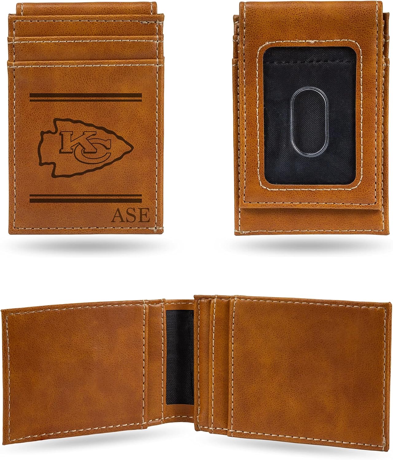 Rico Industries NFL Kansas City Chiefs Brown Personalized/Custom Laser Engraved Front Pocket Wallet - Slim/Light Weight - Great Gift Item