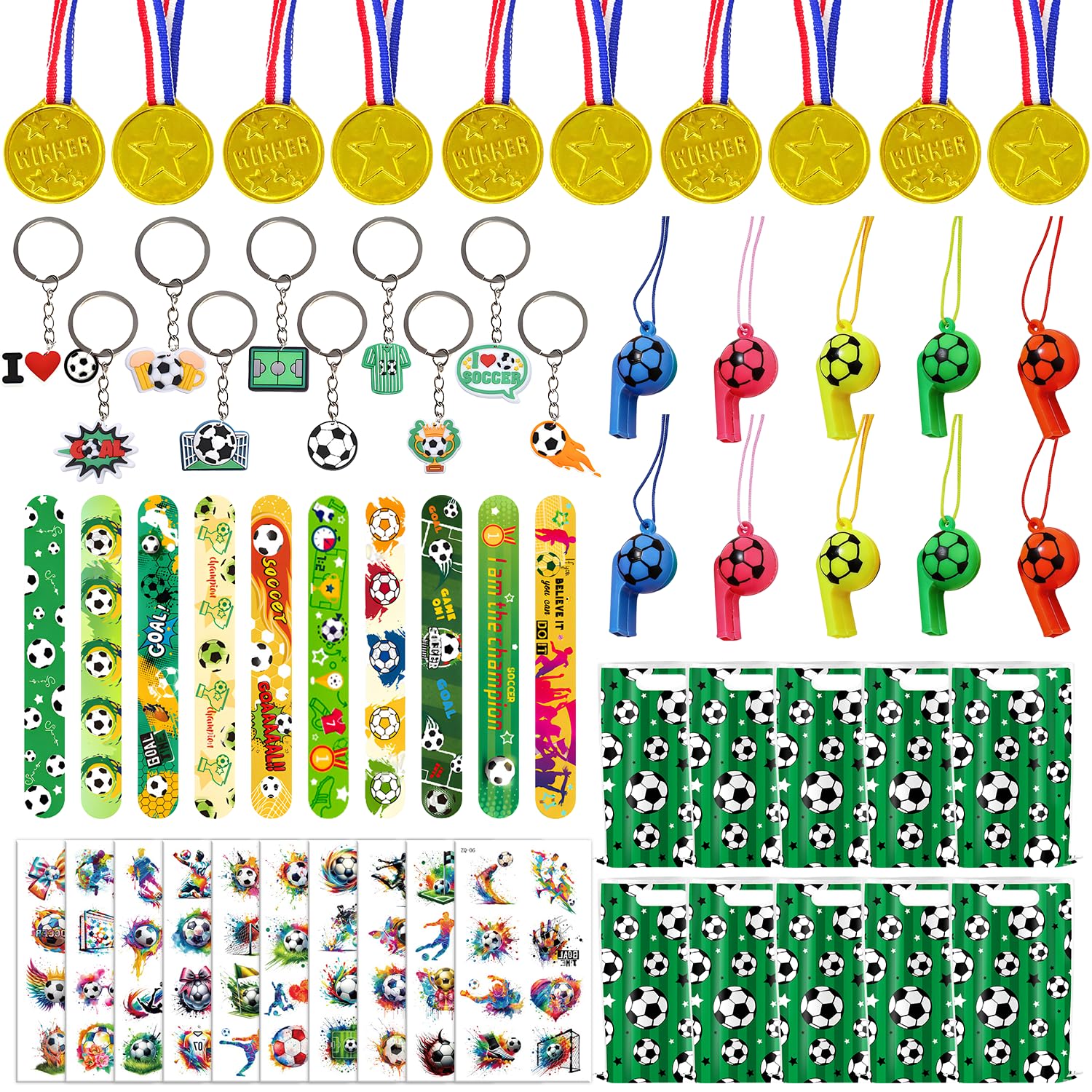 60PCS Soccer Party Favors, Soccer Goodie Bag Stuffers with 10 x 6.5 Inch Bags Keychain Medal Tattoo Sticker Slap Bracelets Whistles, for Kids Soccer Birthday Party Decorations Supplies Souvenirs