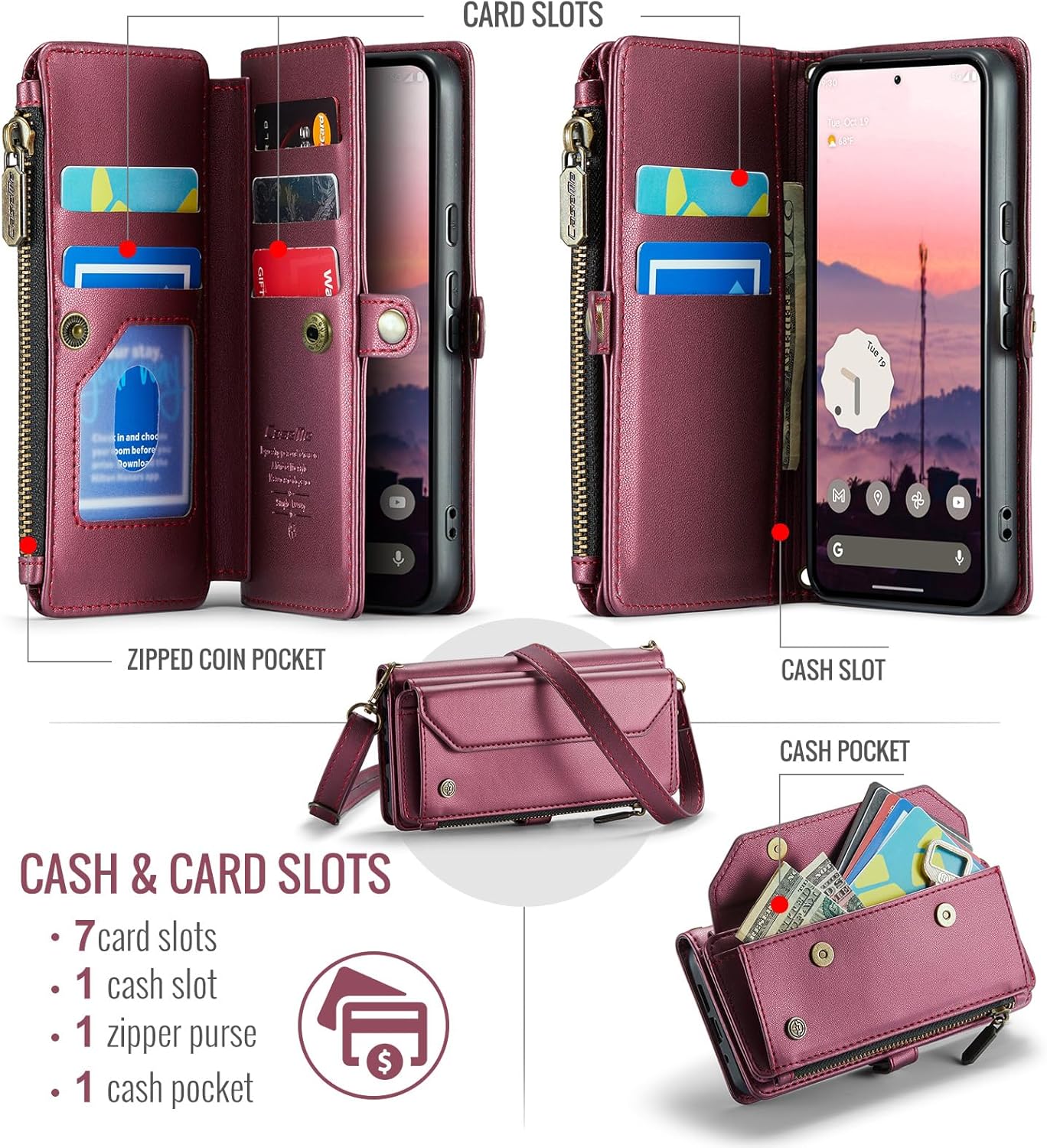 Dteck Flip Wallet Case for Google Pixel 10/10 Pro (2025, 6.3") with Wrist Strap/Crossbody Shoulder Strap, 7 Card Slots, 2 Pockets, RFID Blocking, Lightweight PU Leather Protective Stand Case, Red