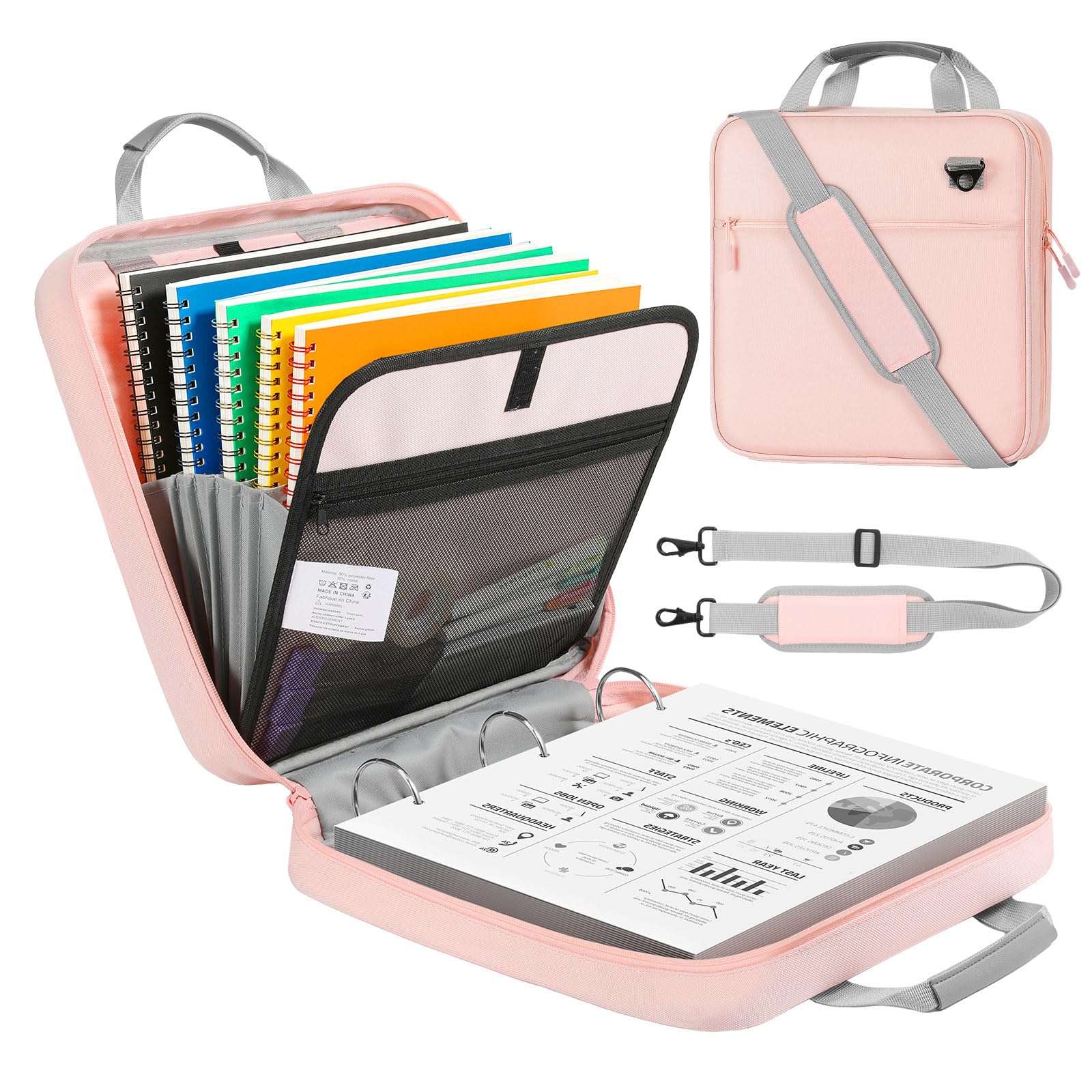 MoKo Carpeta con cremallera, capacidad para 500 hojas, carpeta escolar con cremallera, carpeta de 3 anillos de 2 pulgadas para escuela secundaria, asa y correa para el hombro, rosa y gris | Tejido Oxford 900D repelente al agua con 5 carpetas, 2 bolsillos