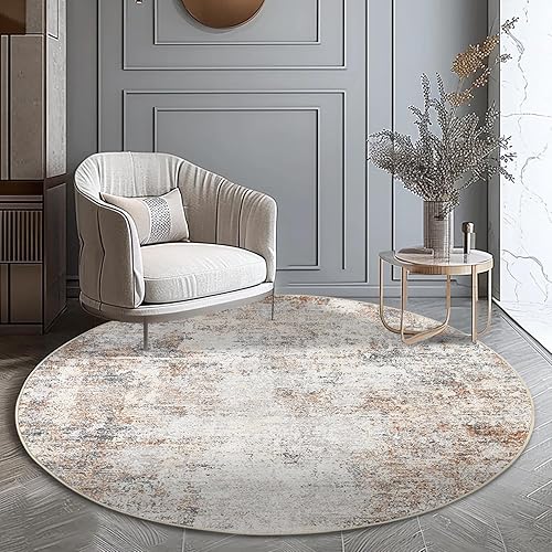 jinchan Round Rug 4ft Modern Area Rug 4' Round Circle Mat Washable Abstract Distressed Floor Cover Taupe Multi Print Contemporary Non-Slip Overdyed Thin Carpet for Entryway Kitchen Living Room