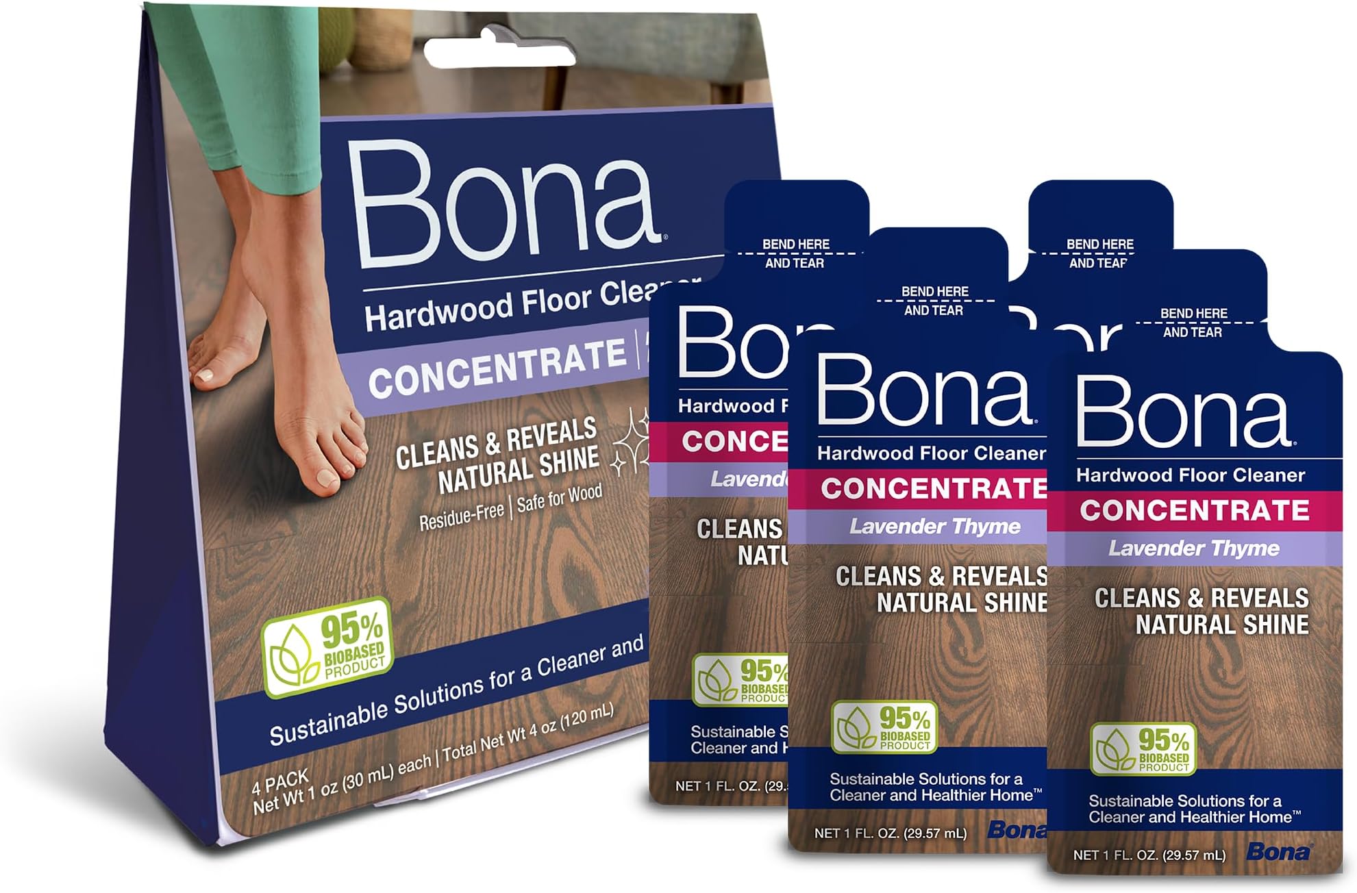 Bona Hardwood Floor Cleaner Concentrate, Lavender Thyme Scent, 1 fl oz, Pack of 4 (Makes 128 fl oz) - Residue-Free Floor Cleaning Concentrate Spray Mop and Spray Bottle Refill - For Wood Floors