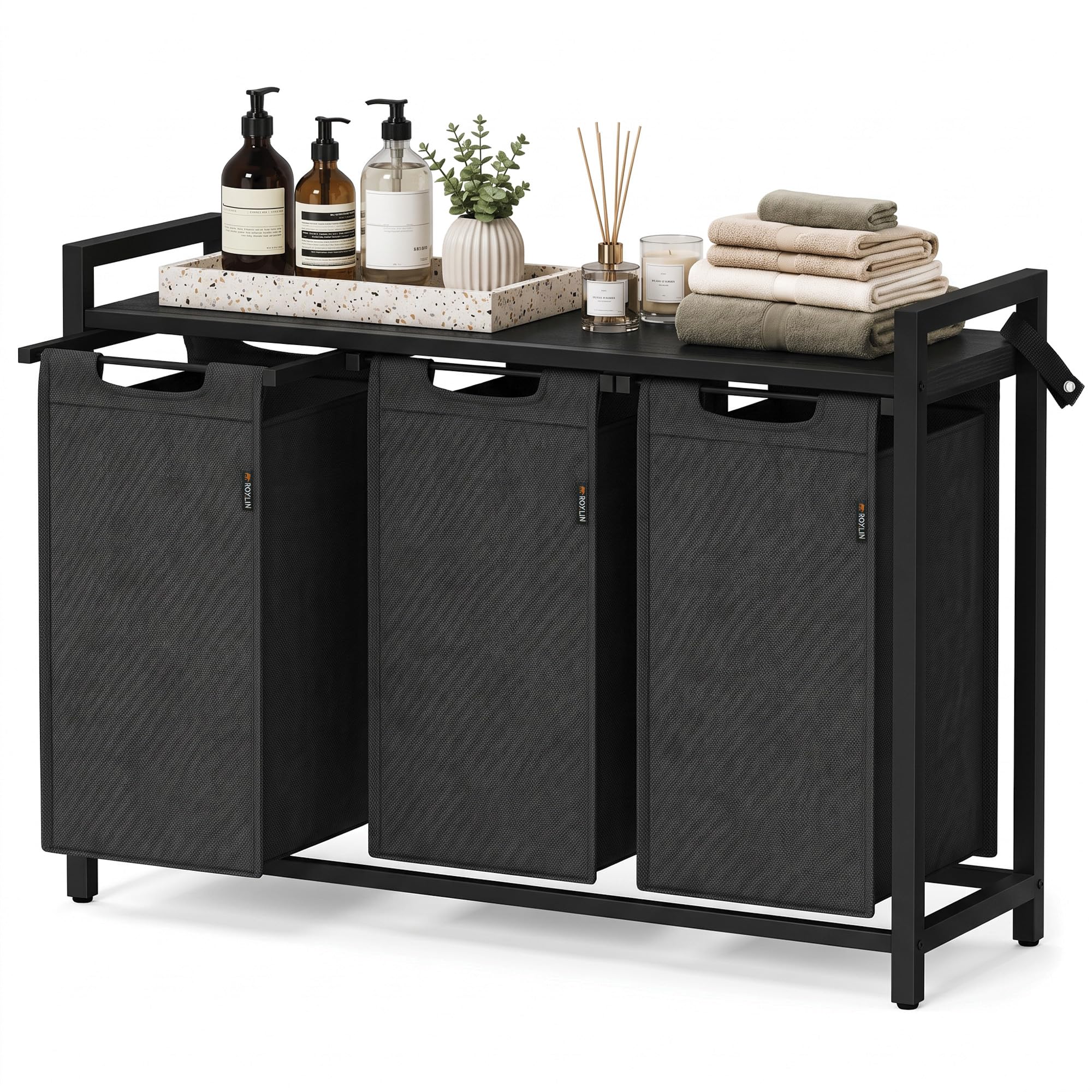 Wäschekorb mit 3 Fächern 120 L – Großer Wäschesortierer mit Ablage & Metallgestell – Schmutzwäschekorb Wäsche Organizer für Badezimmer, Schlafzimmer, Kinderzimmer & Waschküche - Schwarz