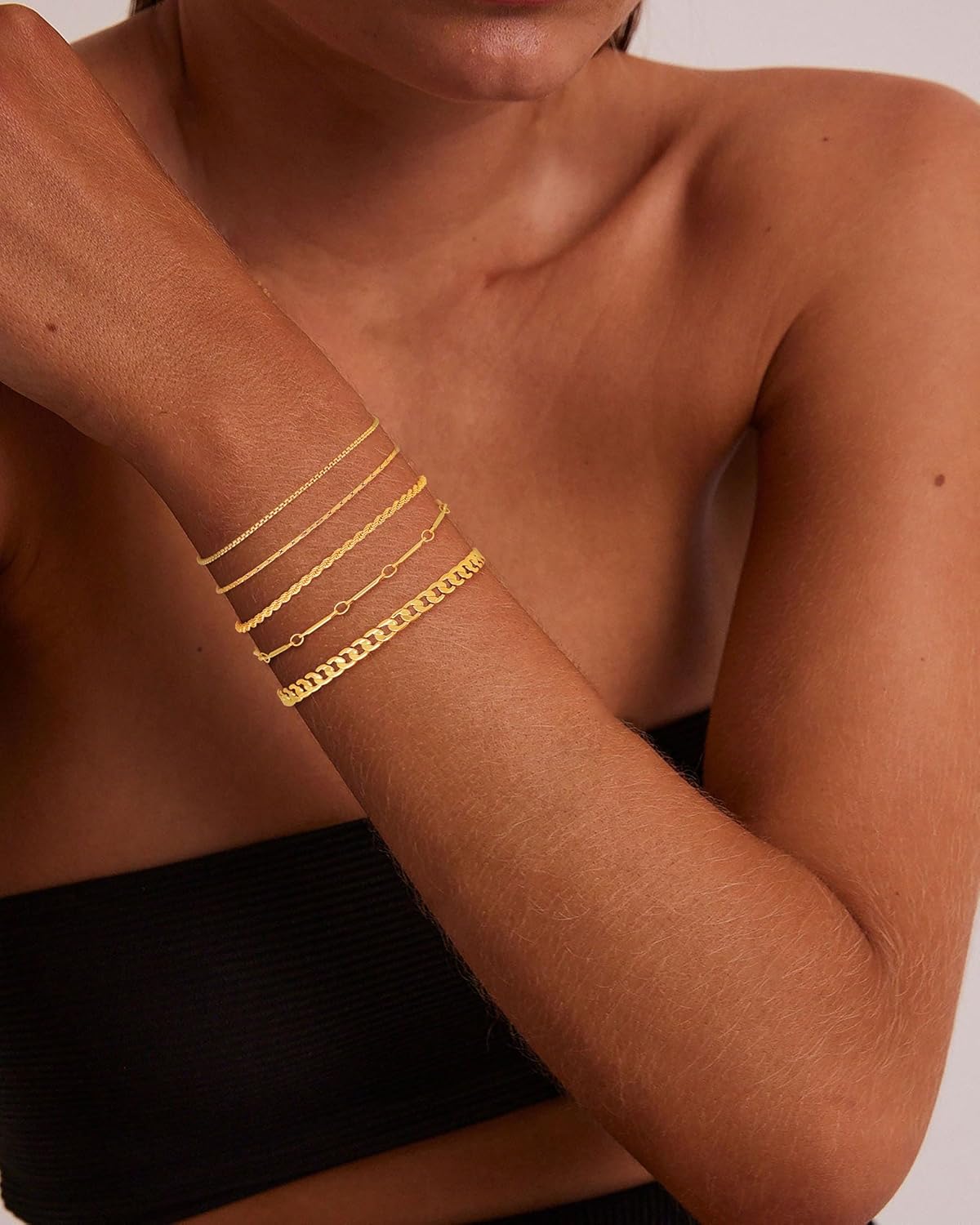 Gold Bracelet Stack For Women,Dainty 14k Gold Plated Stackable bracelets set cut Gold Bracelet for women Non Tarnish Adjustable Chunky Bracelet Cuban Link Chain Tarnish Free Gold Jewelry - Image 2