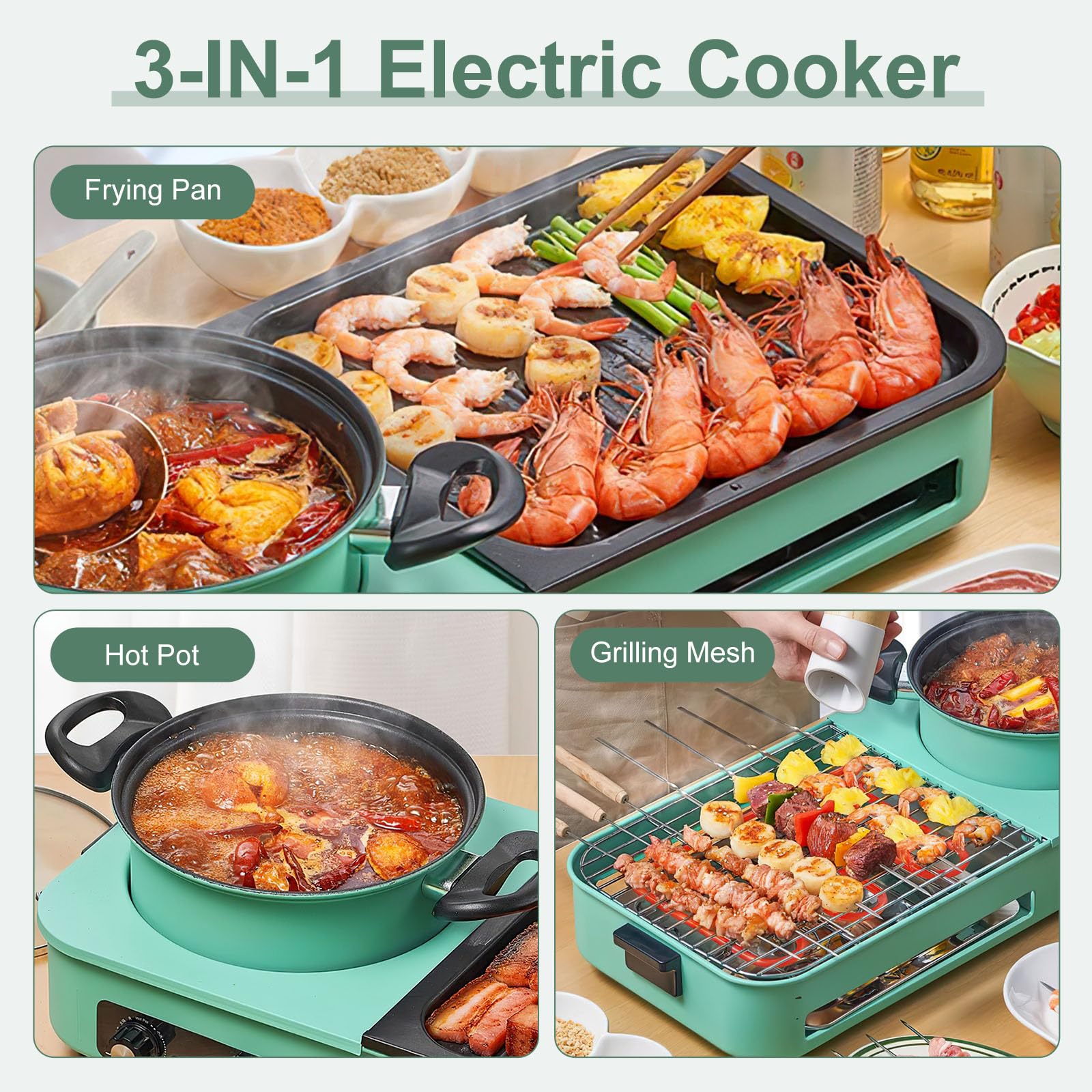 1600W Electric Hot Pot with Grill,3 in 1 Non-Stick Korean Barbecue Shabu Shabu Hot Pot Portable Smokeless Indoor Raclette Table Grill with Independent Temperature Control for 3-5 People
