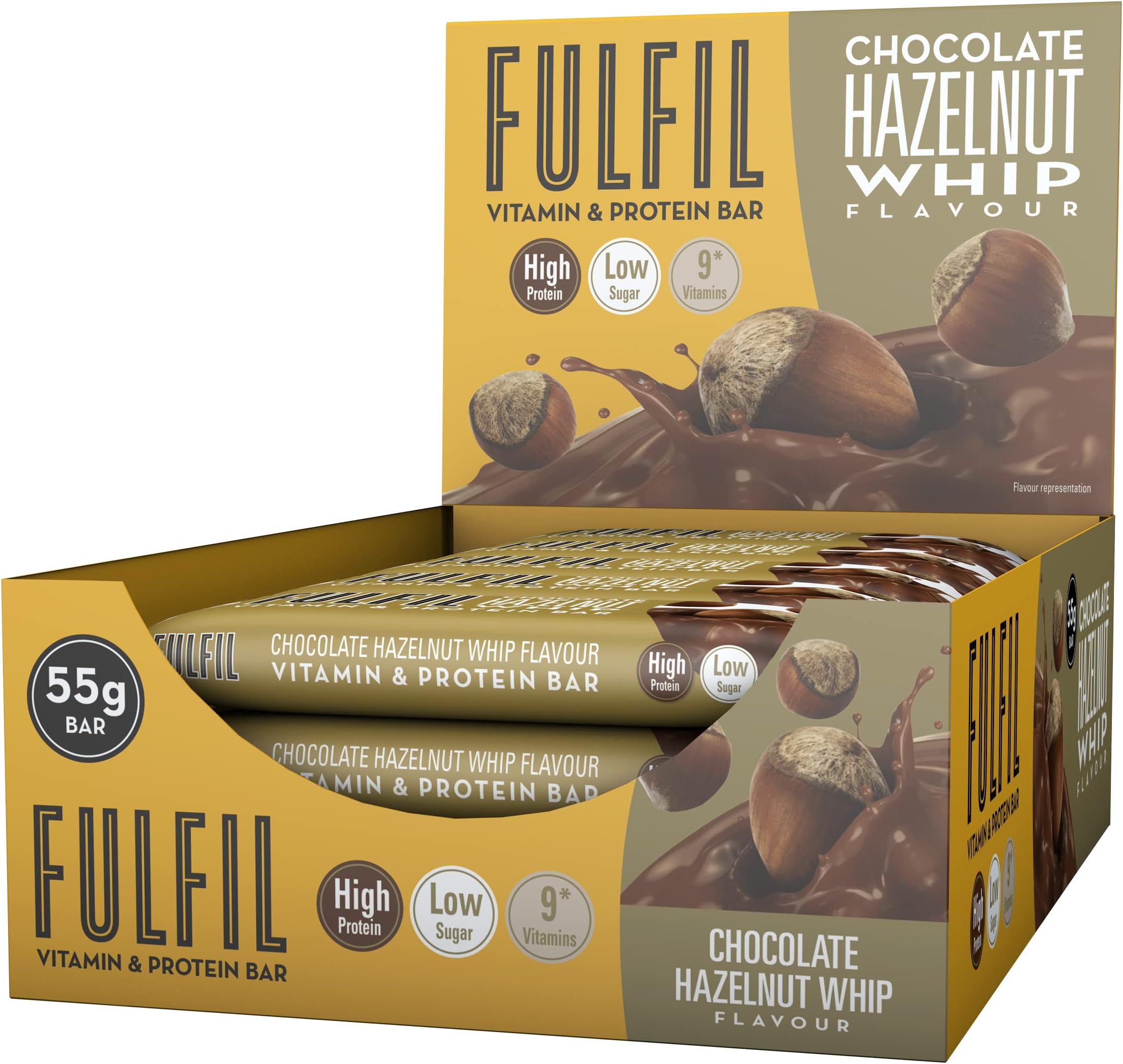 Fulfil Vitamin and Protein Bar (15 x 55 g Bars) — Chocolate Hazelnut Whip Flavour — 20 g High Protein, 9 Vitamins, Low Sugar