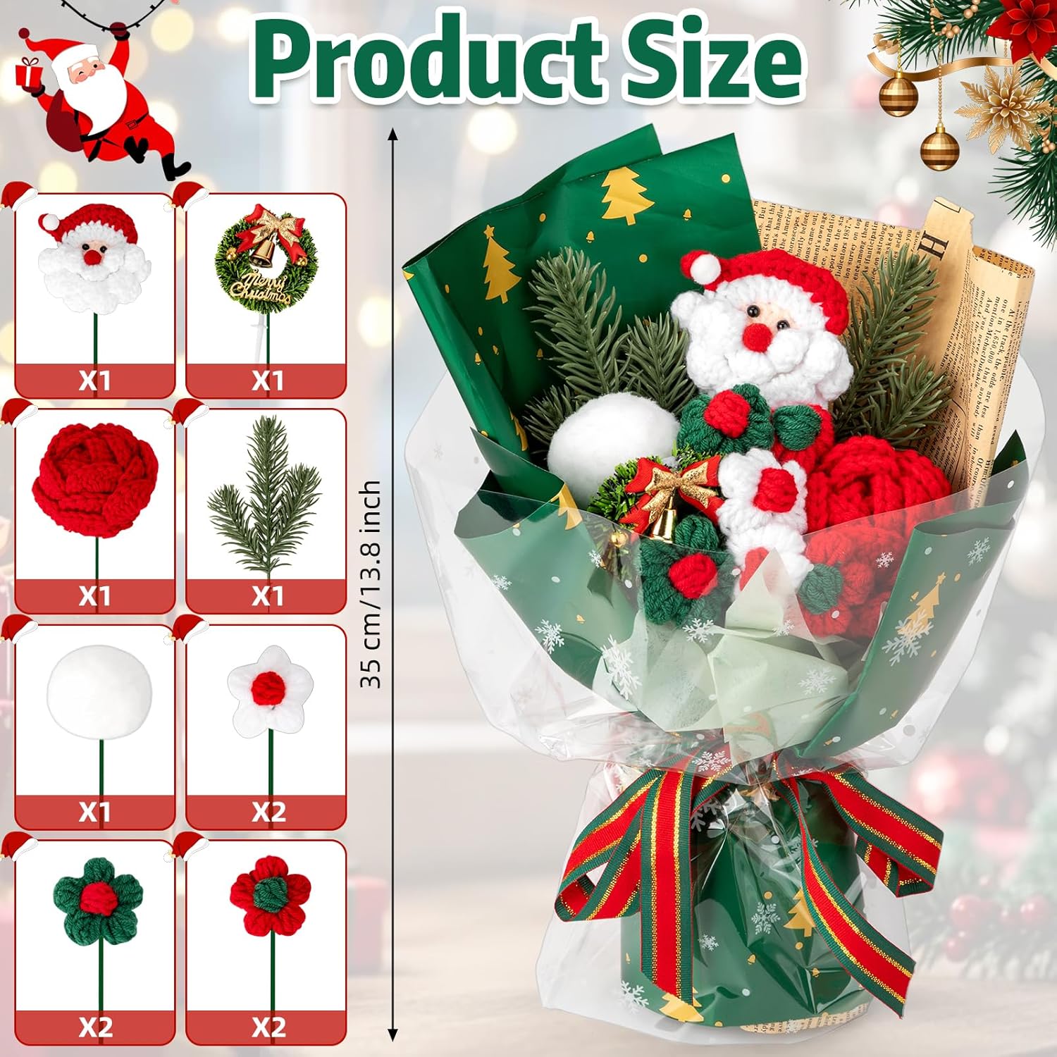 Christmas Knitted Flower Bouquet Handmade Christmas Crochet Flower Bouquet with Red Bag for Xmas Tree Table Centerpiece Birthday Wedding Decor