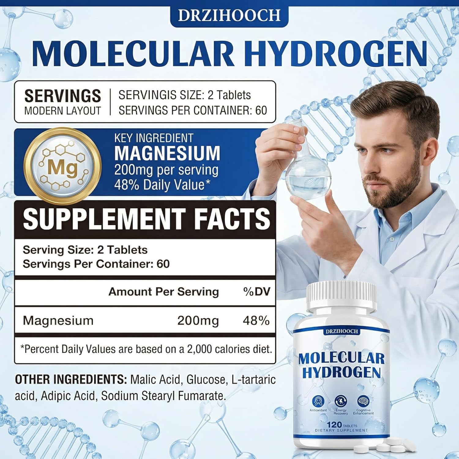 Hydrogen Water Tablets with Magnesium -12 PPM Hydrogen Tablets for Drinking Water Molecular Hydrogen Water Supplement for Cellular Health Healthy Aging