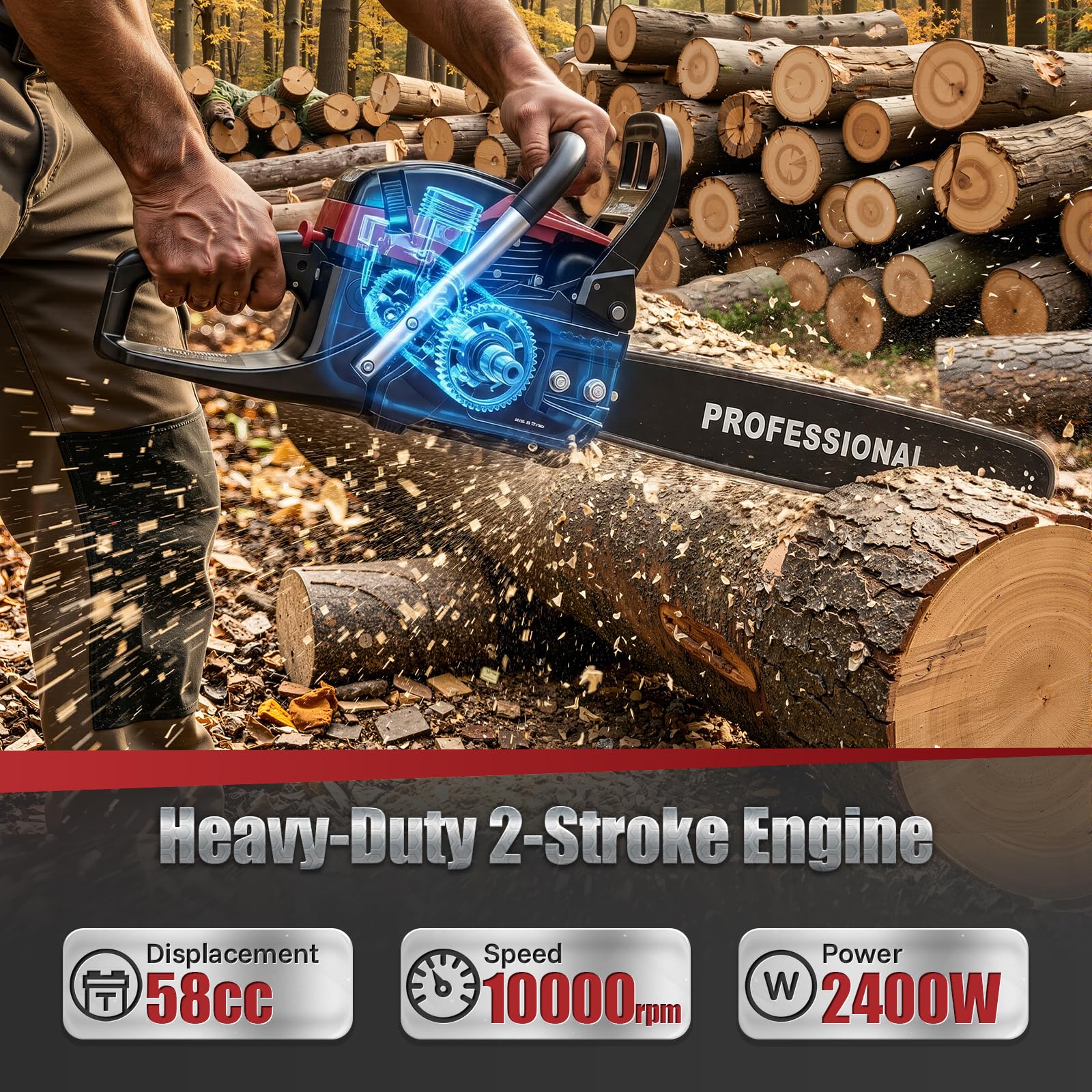 Motosierra de gasolina de desplazamiento de 58 cc, 2400 W, longitud de la cadena 50 cm, diámetro máximo de corte 50 cm, arranque de tracción automático, para cosecha de madera, jardinería y corte de