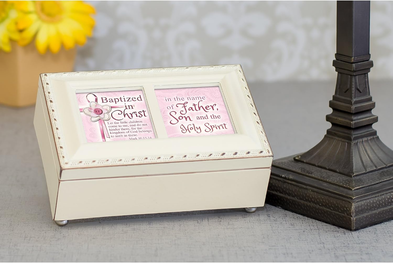 Cottage Garden Baptized in The Name of The Father Matte Ivory Jewelry Music Box Plays Jesus Loves Me