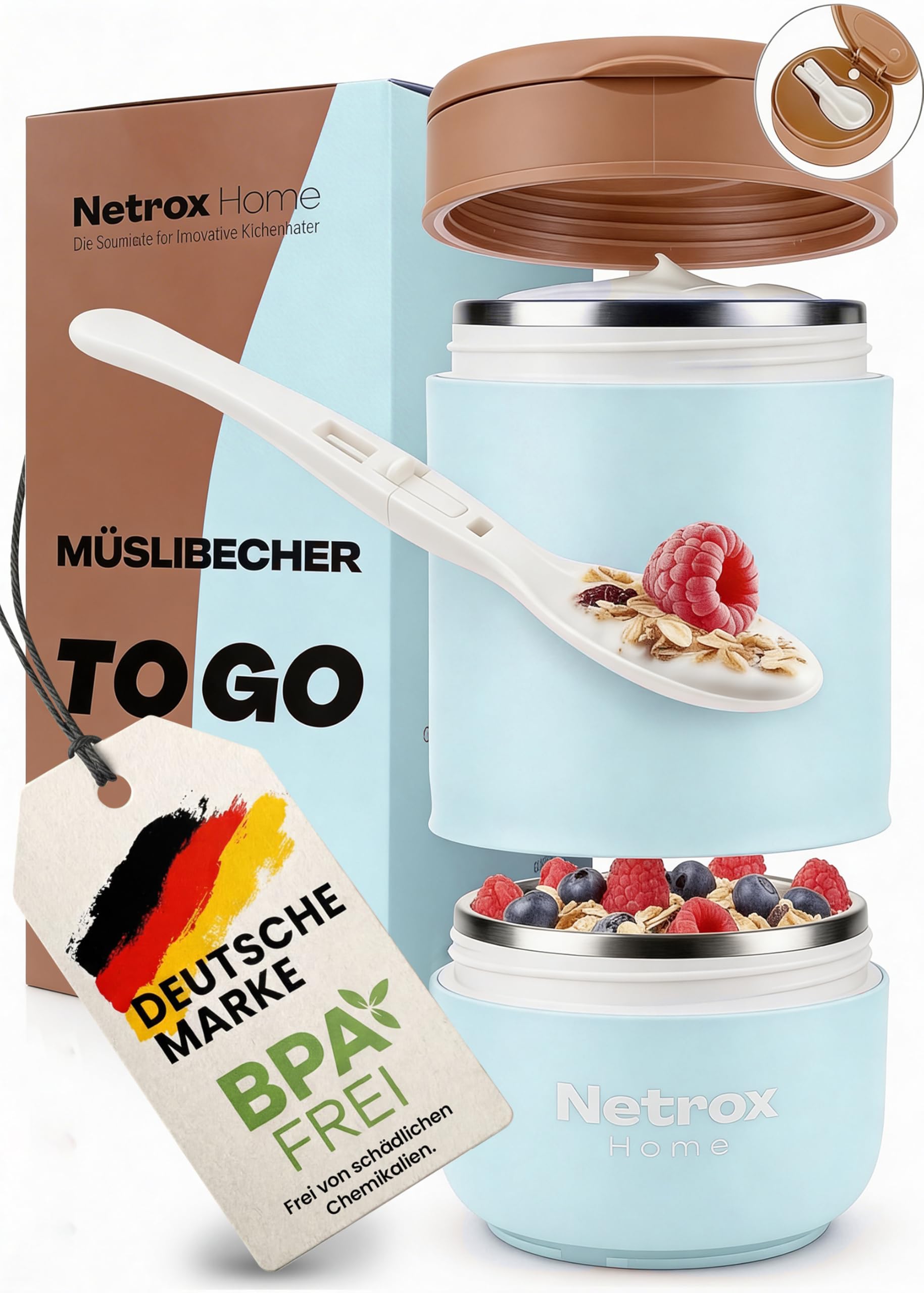 NetroxHome - Müslibecher To Go mit Löffel, Auslaufsicherer Joghurtbecher To Go aus Edelstahl, Lunchbox, Müslibecher - To Go Becher für Müsli, Joghurt, Porridge, Suppen - Müsli To Go Becher - Kinder