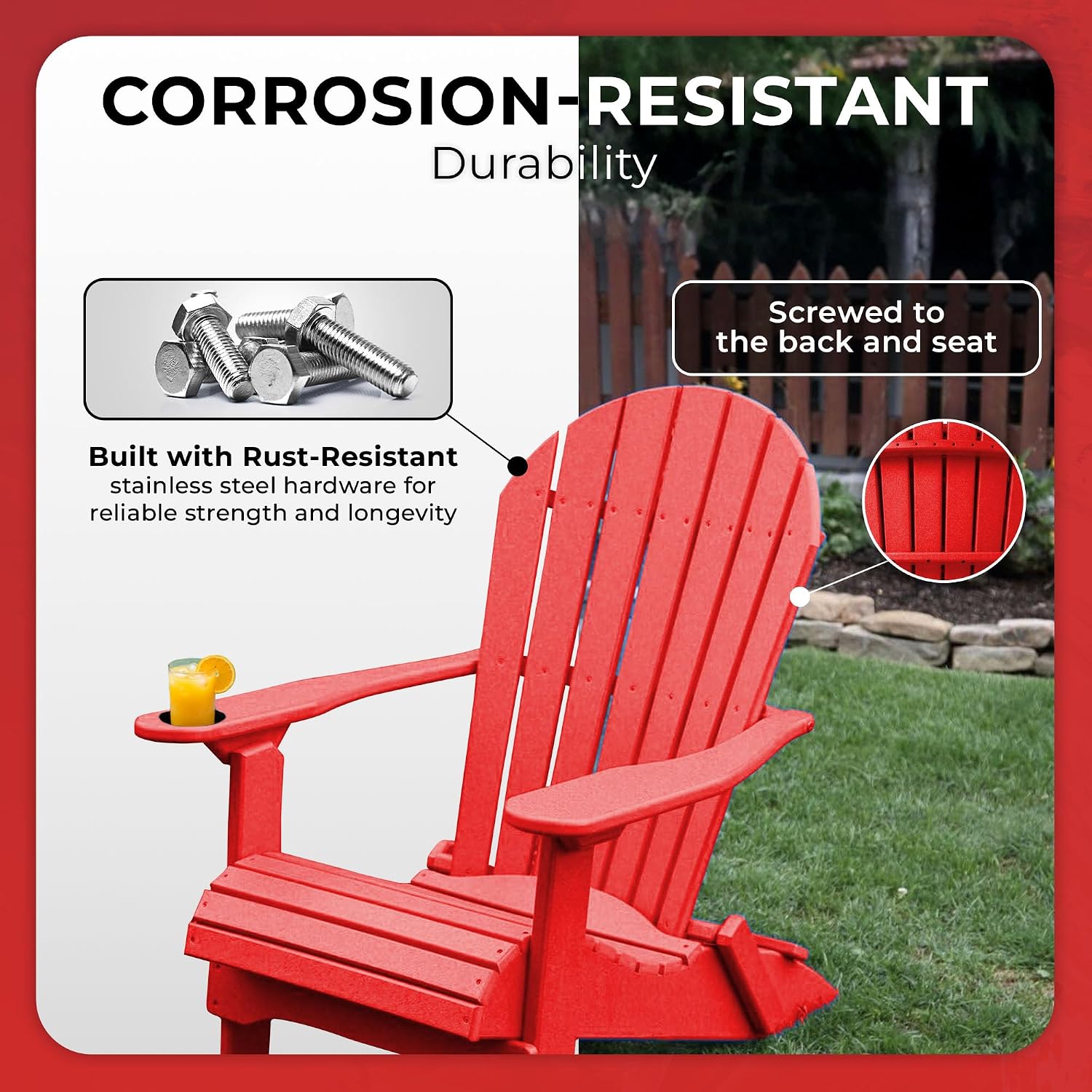 Ecommersify Folding Adirondack Chair with Cup Holder - (Bright Red) - Heavy Duty Recycled Poly Lumber Folding Chair - Amish Crafted Outdoor Furniture - Made in USA