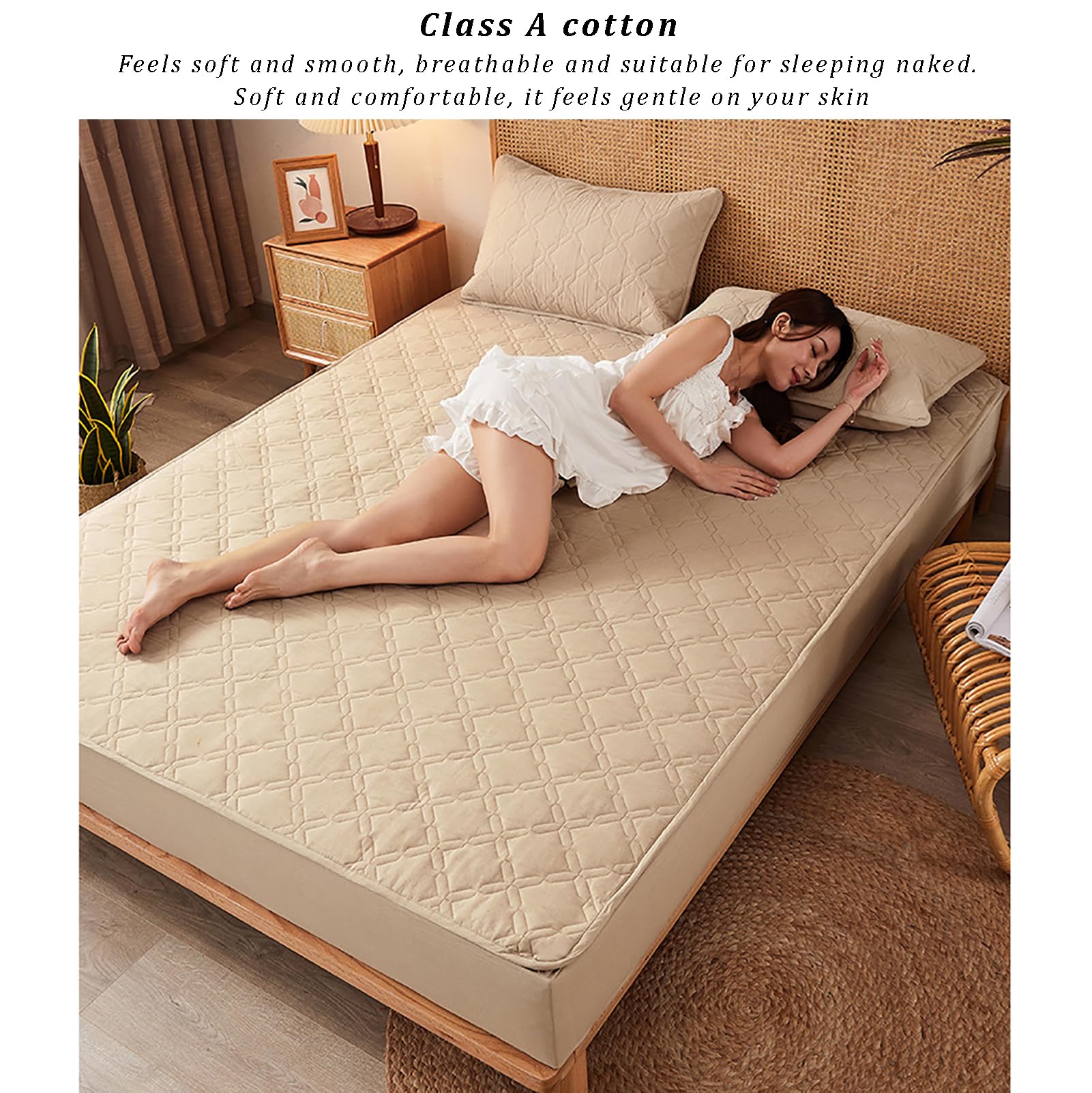 Sábana bajera ajustable de bolsillo profundo, suave, transpirable, impermeable, acolchada, funda protectora antideslizante para colchón de cama, tamaño Queen