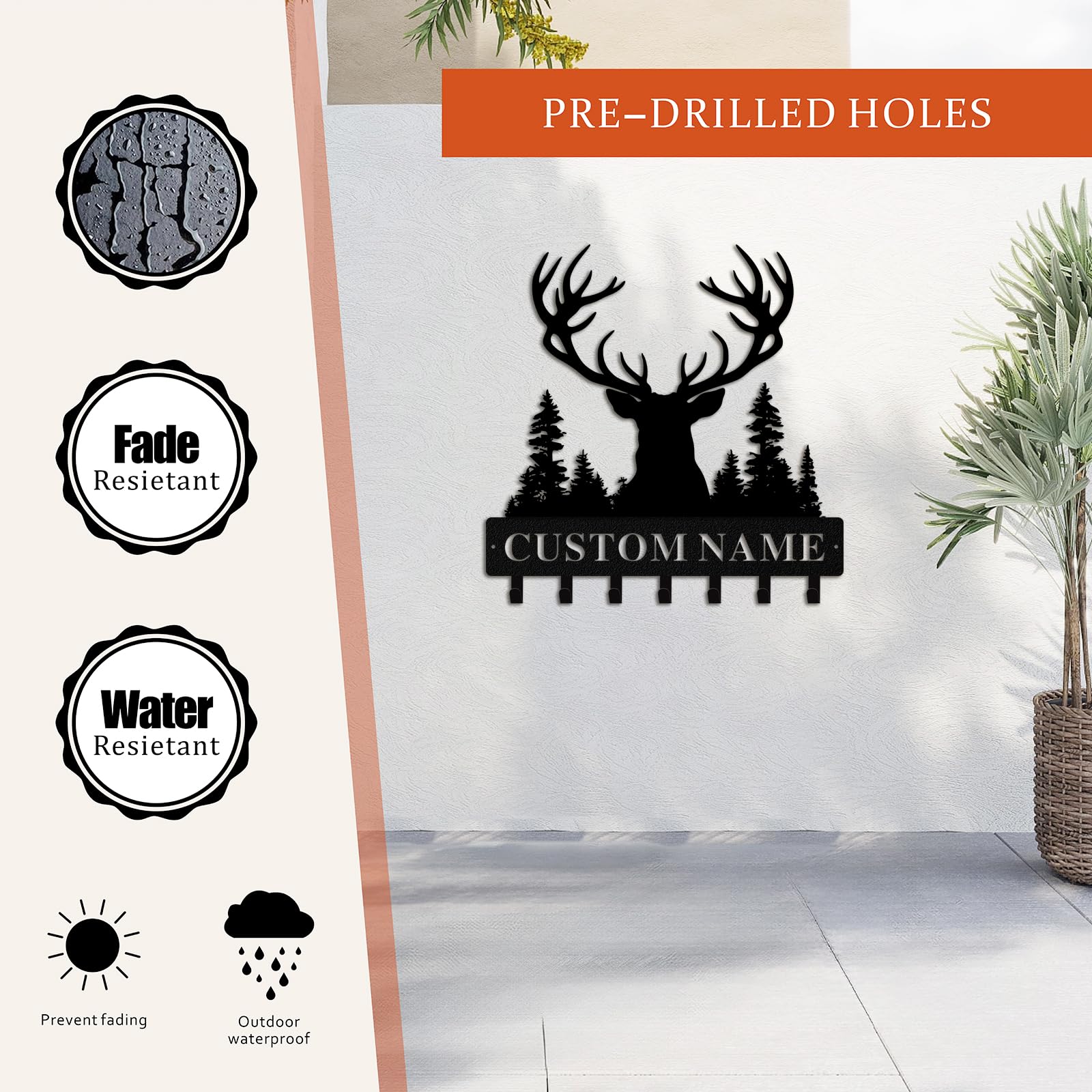 Quanqiuyi Custom Forest Deer Coat Rack Wall Hanging with Name, Personalized Key Holder for Wall,Metal Key Holder Wall Mount for Kitchen Hallway Doorway Home Decor Gift (Style 14)