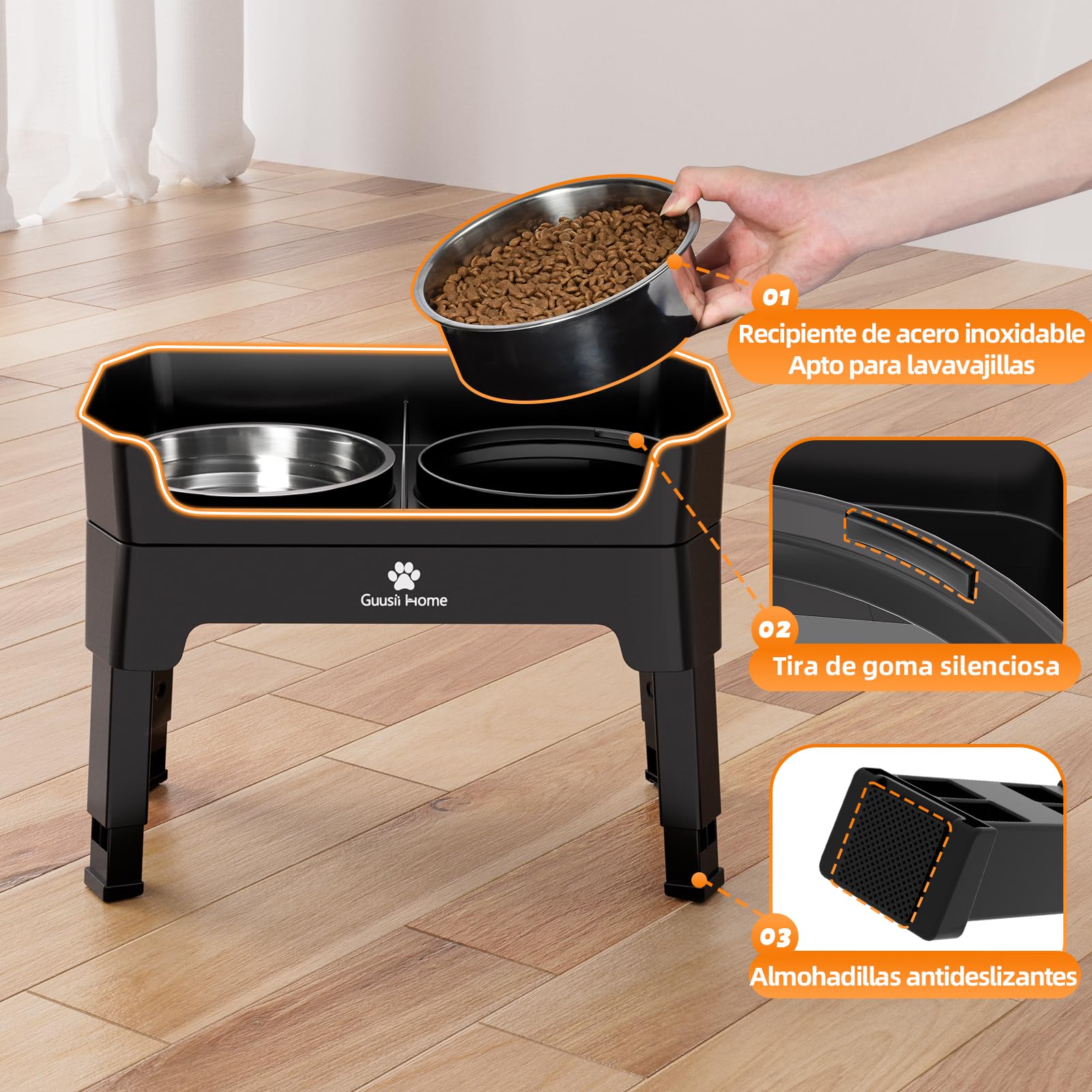 GUUSII HOME Comedero Perro Elevado Grande Bebedero Perro Soporte Cuenco Comederos Alto Para Grandes Elevador Bol Altura Ajustable 43.5*26.7*16/28.7/32.7/36.7cm 1600ml Acero Inoxidable Raised Dog Bowl