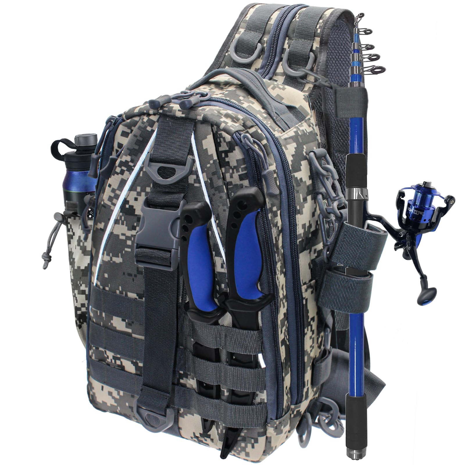 Mochila de pesca, bolsa de pesca ligera con mucho espacio de almacenamiento, mochila de caja de aparejos con soporte para caña para pesca con mosca y regalos para hombres y mujeres, color gris