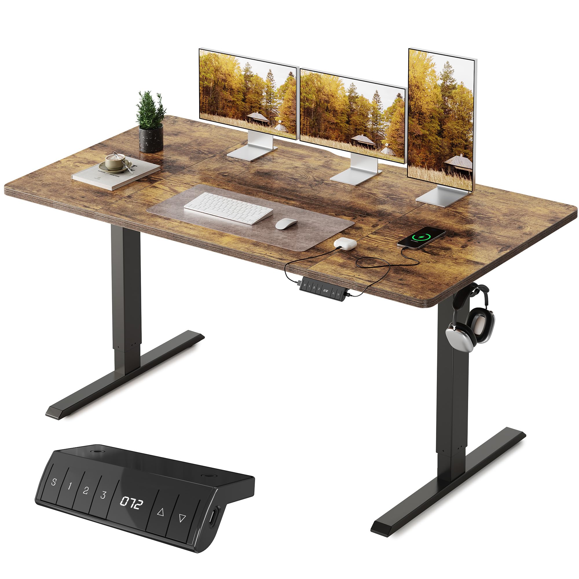 FEZIBO Höhenverstellbarer Schreibtisch mit USB-A und USB-C-Ladeanschlüssen, Schreibtisch Höhenverstellbar Elektrisch, Ergonomischer Steh-Sitz Tisch für Heimbüro, Standing Desk