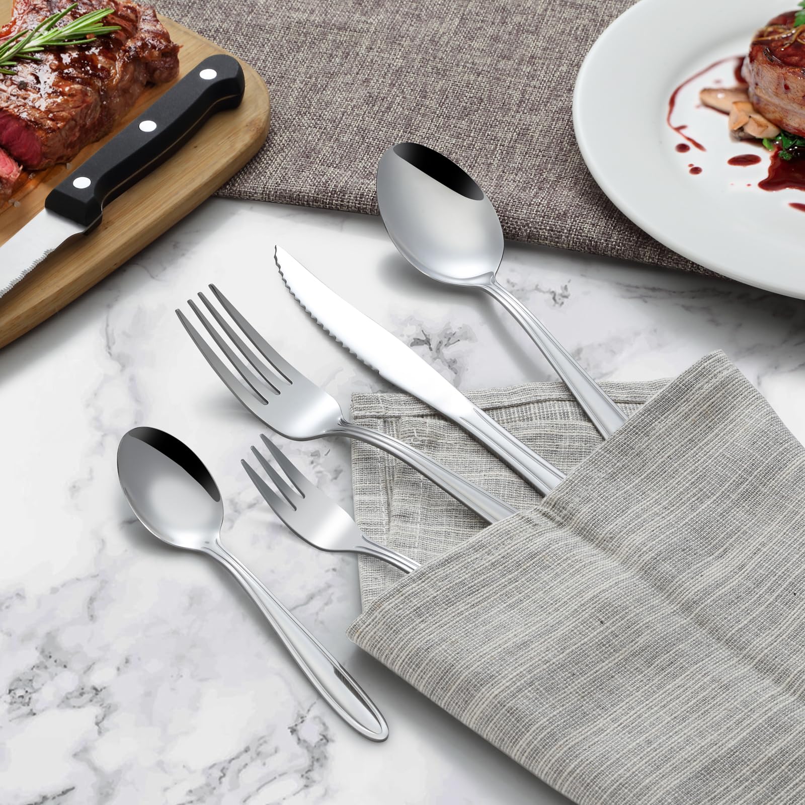 Hunnycook Set di 36 Posate in Acciaio Inox di Alta Qualità per 6 Persone - Elegante Set Con Coltelli da Bistecca, Forchette, Cucchiai per la Casa
