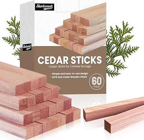 Bloques de cedro para almacenamiento de ropa, 60 unidades, palos de cedro 100% natural aromático cedro accesorios para armarios y cajones (paquete