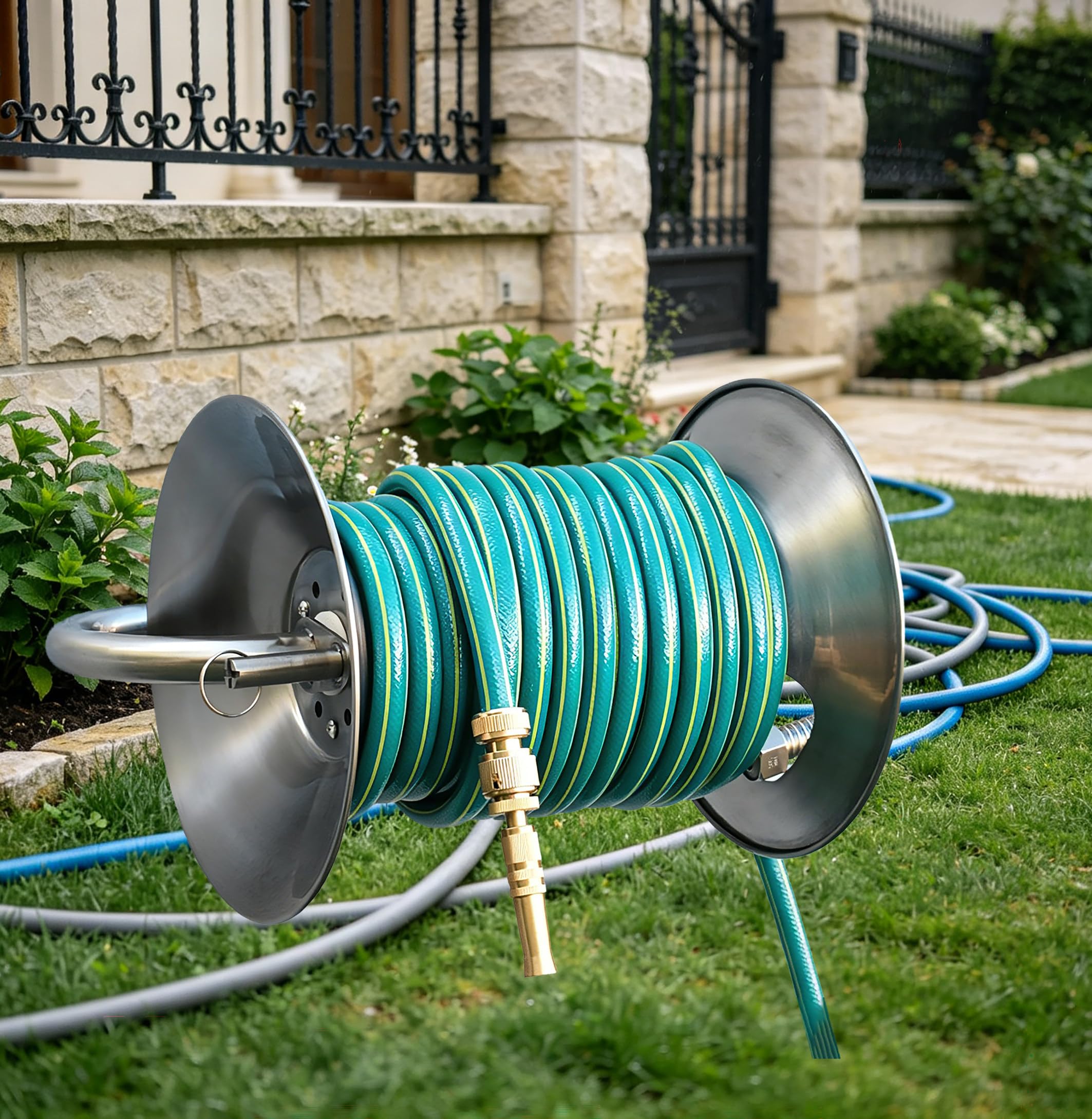 Schlauchhalter Aus Edelstahl – Robuste Wand-Schlauchtrommel (Kapazität: 40 M / 1/2"-Schlauch) – Geeignet Für Außenbereiche, Rasenflächen, Gärten Und Garagen