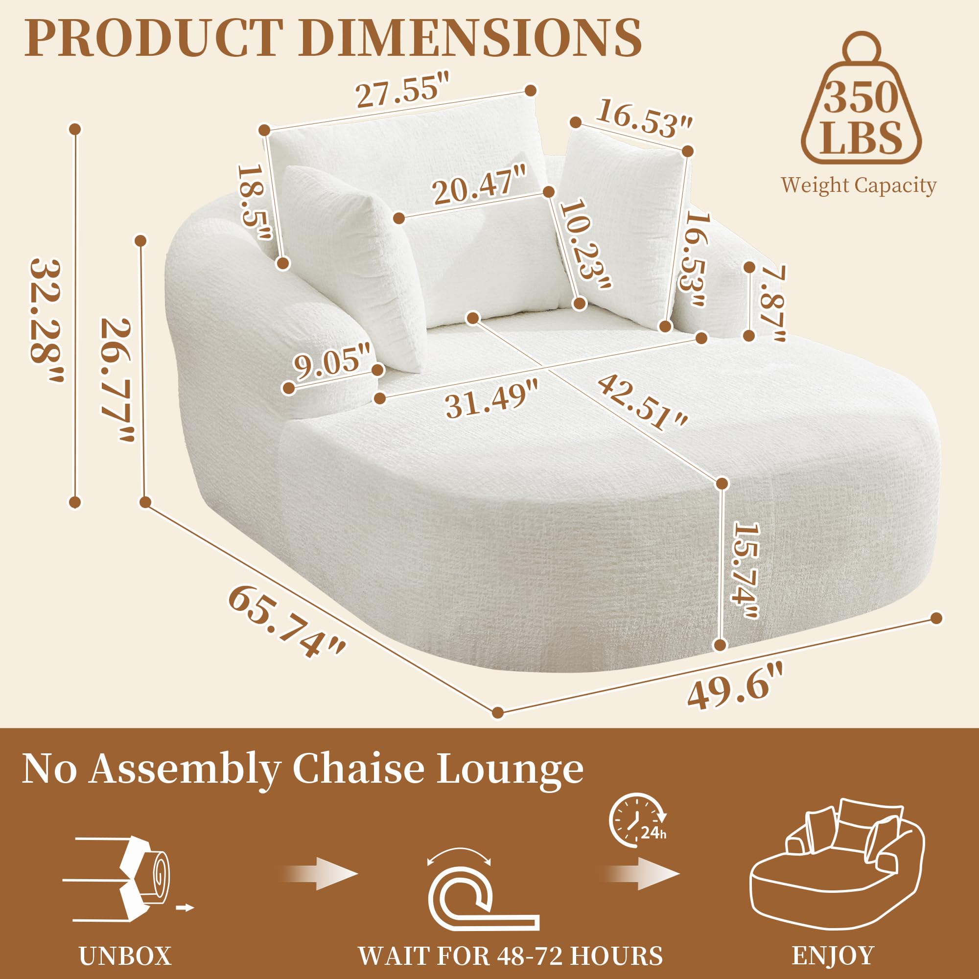 Chaise Longue surdimensionnée d'intérieur Moderne rembourrée en Chenille avec Coussins et accoudoirs, canapé-lit pour Salon, Chambre à Coucher (Beige)