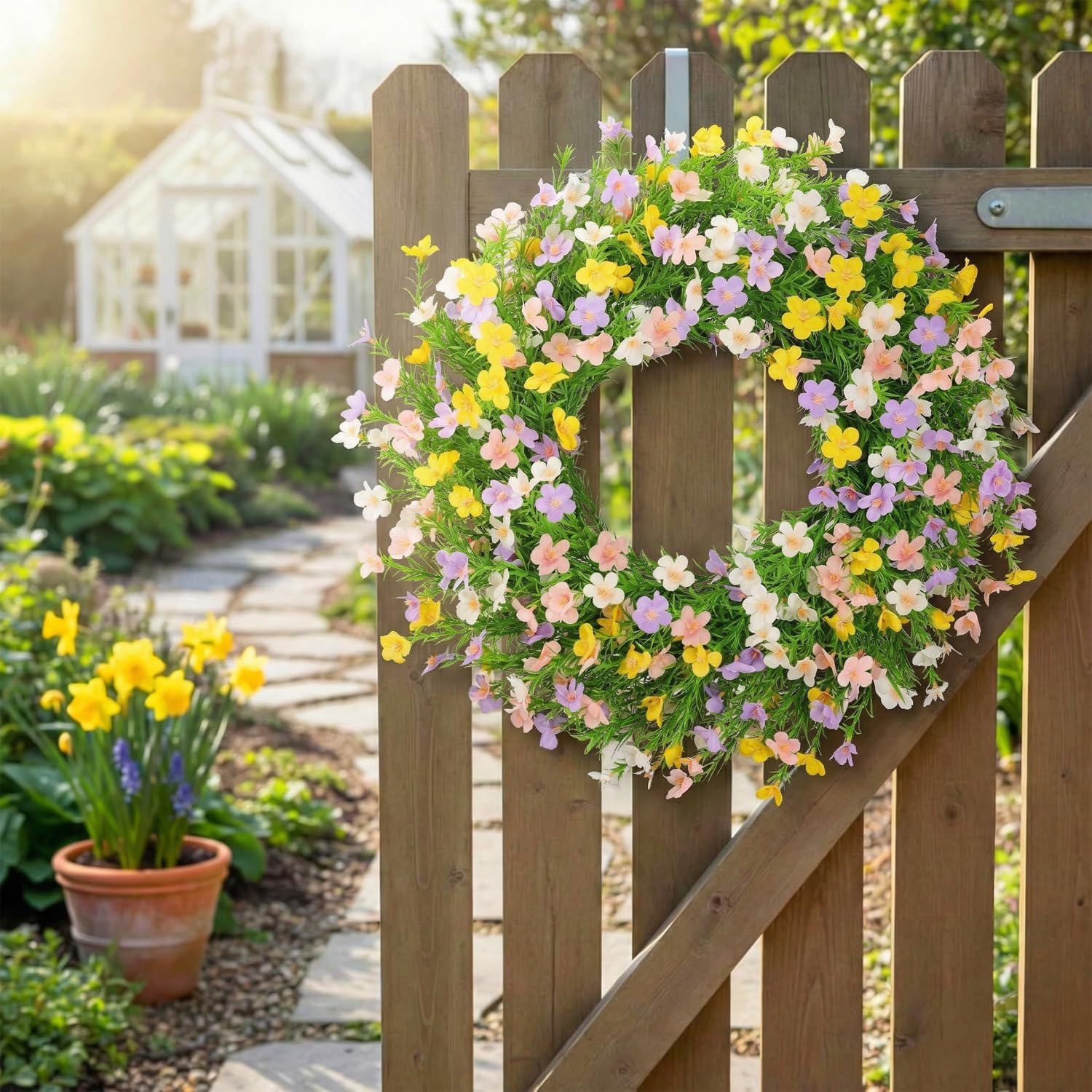 Spring Wreaths for Front Door 24 Inch Artificial Summer Wreath with Colorful Silk Flowers for Home Farmhouse Indoor Outdoor Wall Décor-Multi