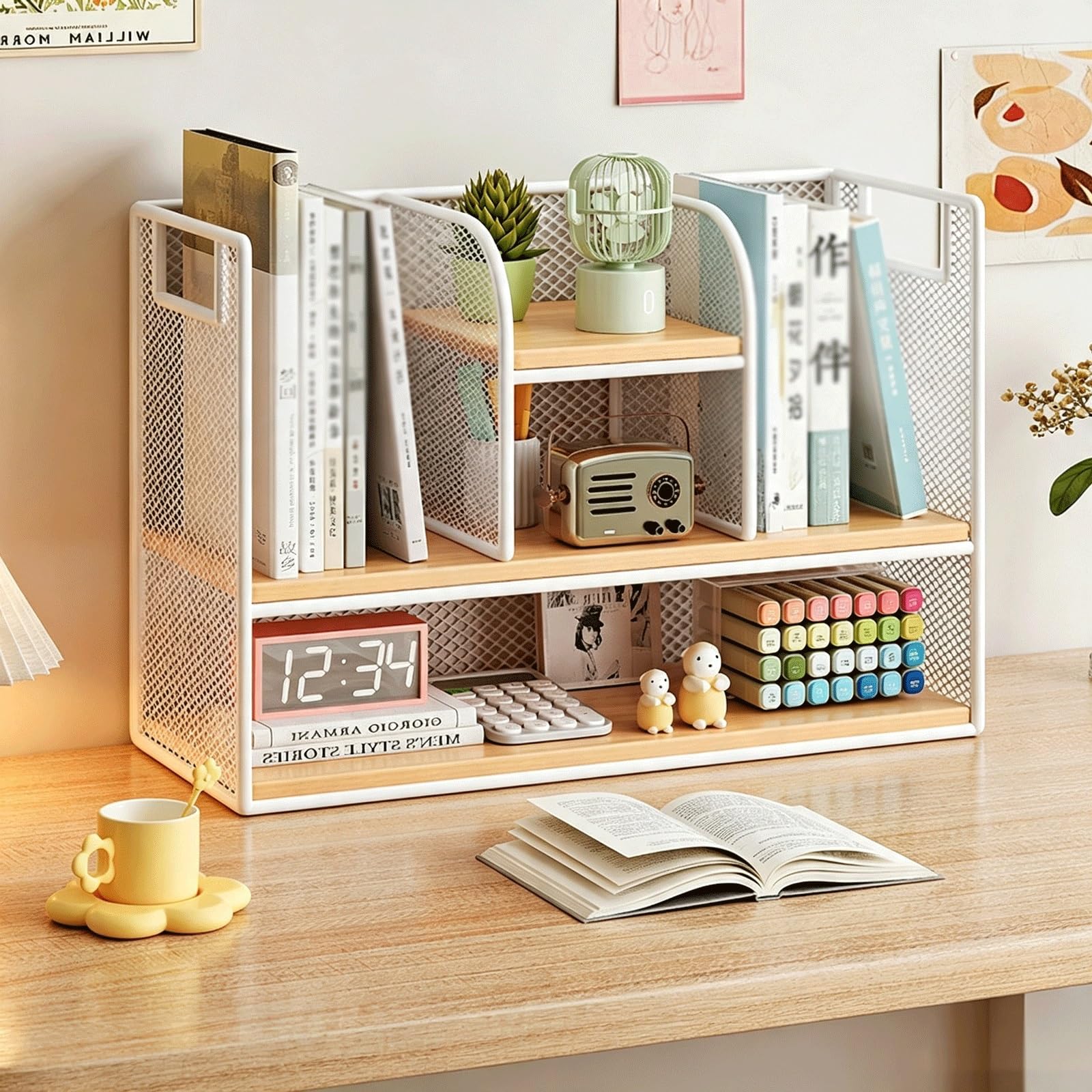 Organizzatore di Carta per Lettere in Rete Metallica, Organizer Scrivania in legno con maniglia, Supporto Rack Archiviazione per Ufficio,Casa Scuola(Natural wood,C)
