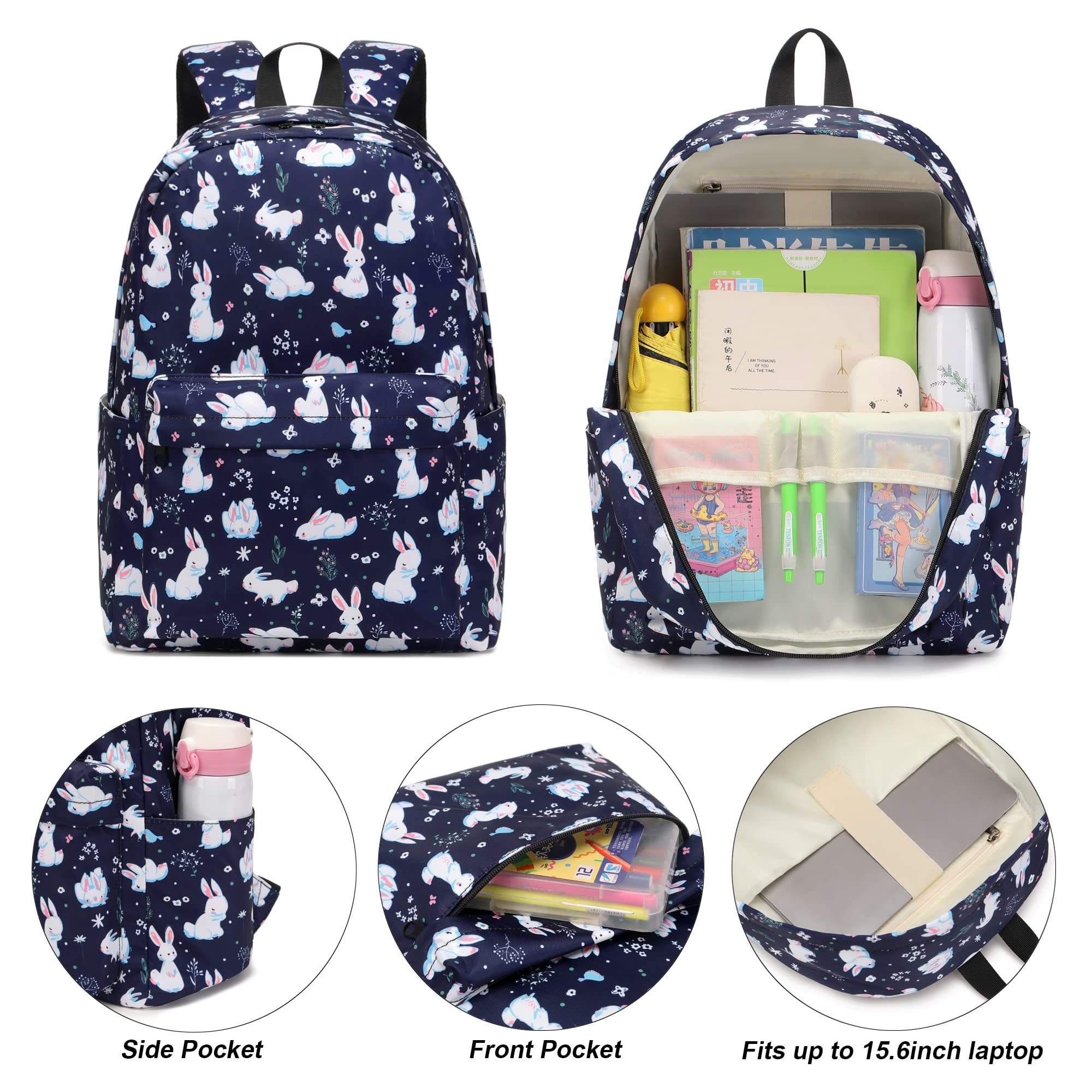 Yusudan Bunny Girls School Backpack, 3 in 1 Set Kids Teens School Bag Bookbag with Lunch Bag Pencil Case