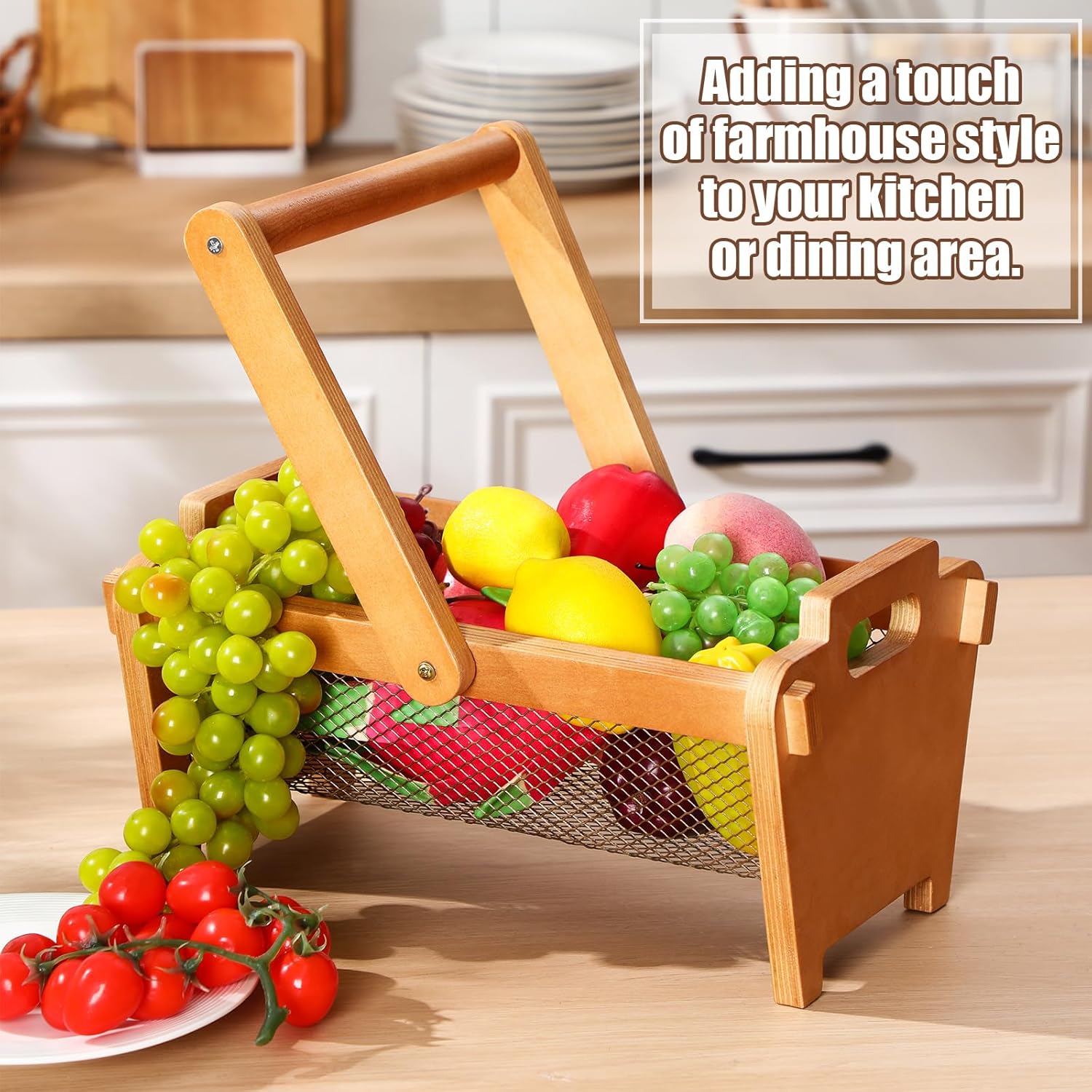 Maxdot Gardening Harvest Basket 13.99" x 7.09 x 9.06 Stackable Garden Hod Basket with Rotating Wood Handle, Wire Mesh for Vegetable Fruits Gathering Gift for Gardener Farmhouse Decoration