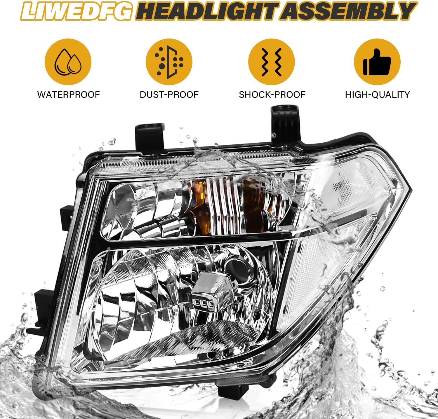 Headlight Assembly Compatible with Nissan 2005-2008 Frontier / 2005-2007 Pathfinder, Halogen Headlamp Replacement Pair for 26060EA525 26010EA525, w/o Bulb, Chrome Housing Clear Lens White Corner