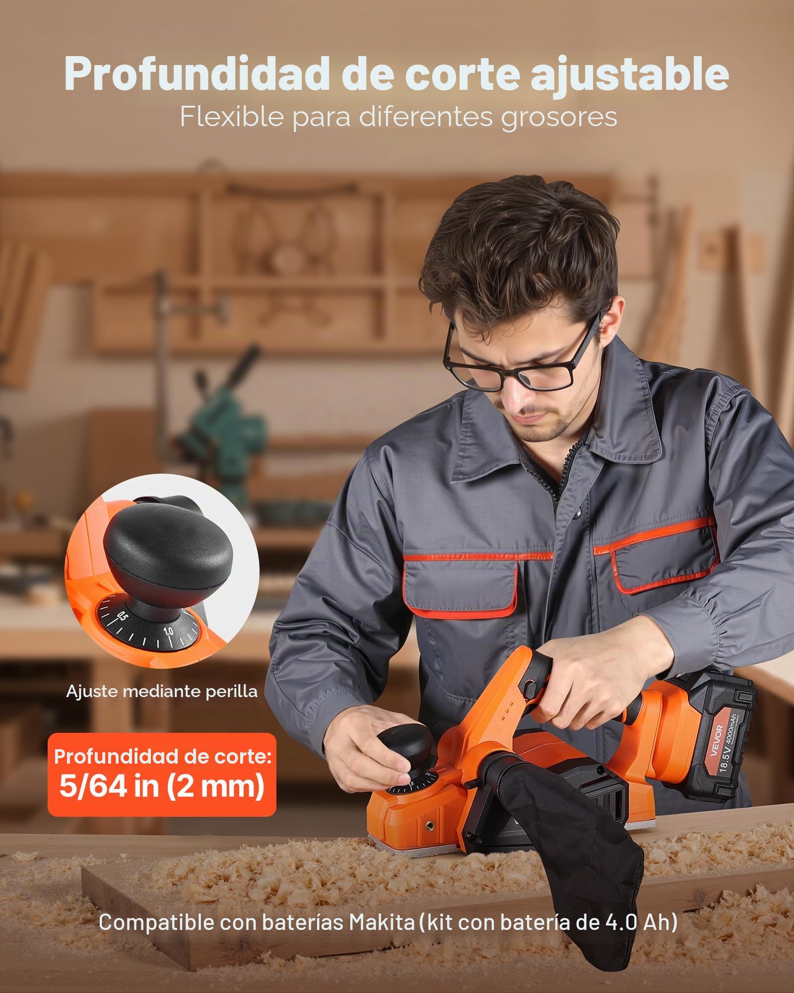 VEVOR Cepilladora Inalámbrica para Madera, Ancho de Corte 82 mm, 15 000 RPM, con Batería de Litio 4,0 Ah y 18 V, Motor sin Escobillas, Profundidad de Corte Ajustable y Bolsa de Recogida de Polvo