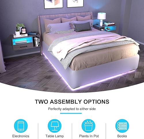 Miniatura 5 de Bloddream Mesita de noche flotante con estación de carga y tiras de luz LED, mesita de noche de 23.6 pulgadas con cajones, mesita de noche flotante